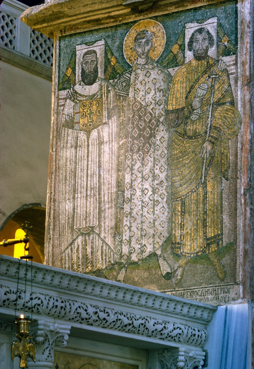Sankt Demetrius og donorer, mosaik i kirken Agios Georgios af Unbekannt Unbekannt