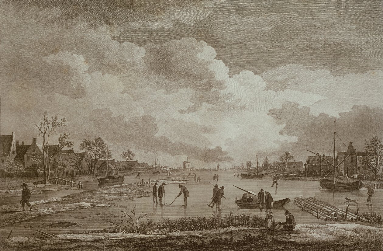 Vinter, Golf på is, kobberstik af Van Drever, ca. 1753 af Unbekannt Unbekannt
