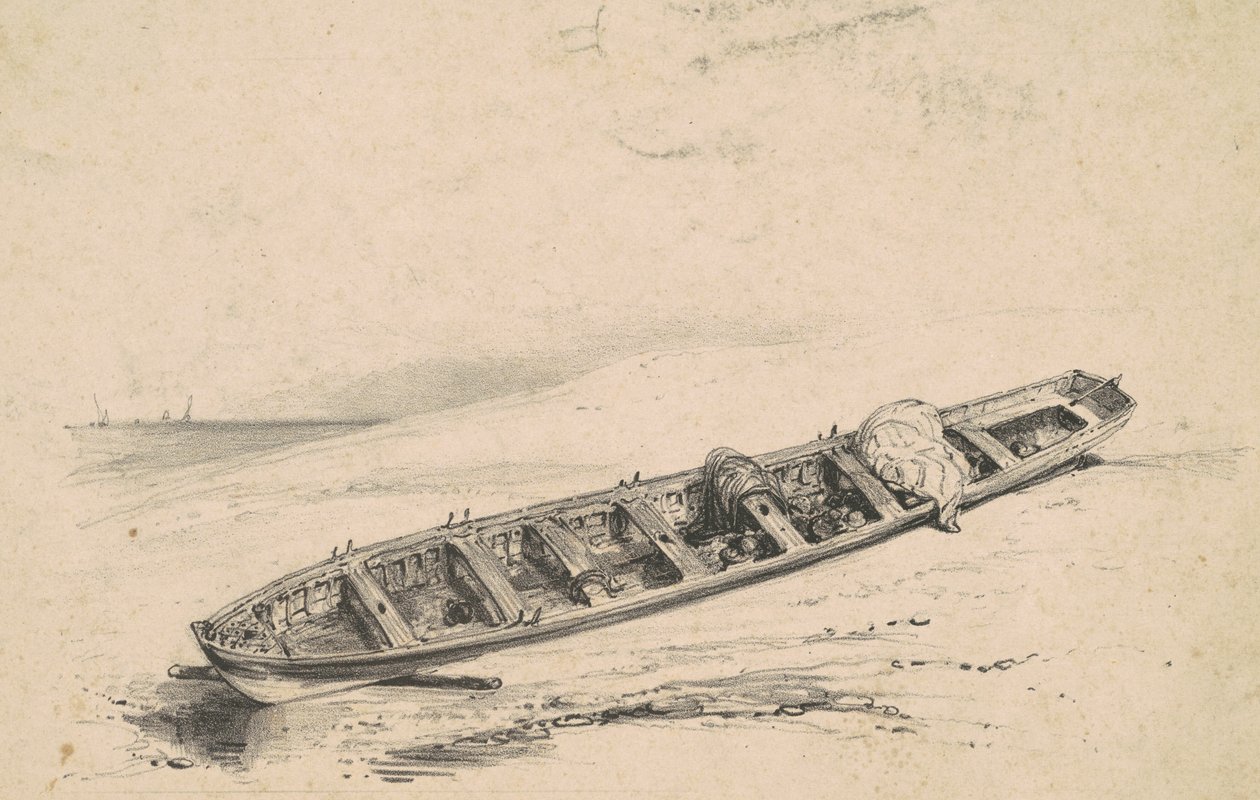 En strandet langbåd, 1800-tallet. af Unbekannt
