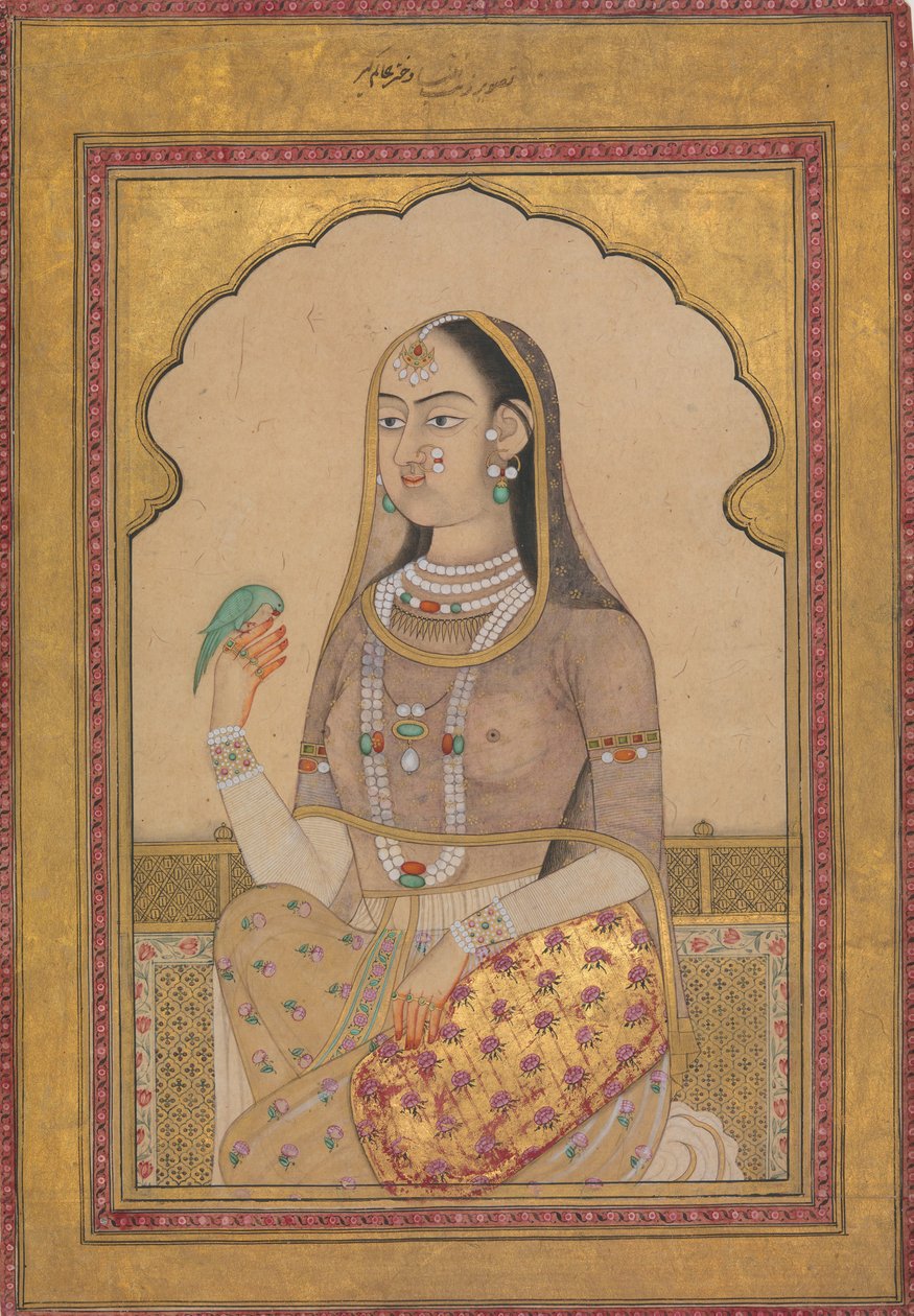 En Bejeweled Jomfru med en Parakit, ca. 1670-1700. af Unbekannt