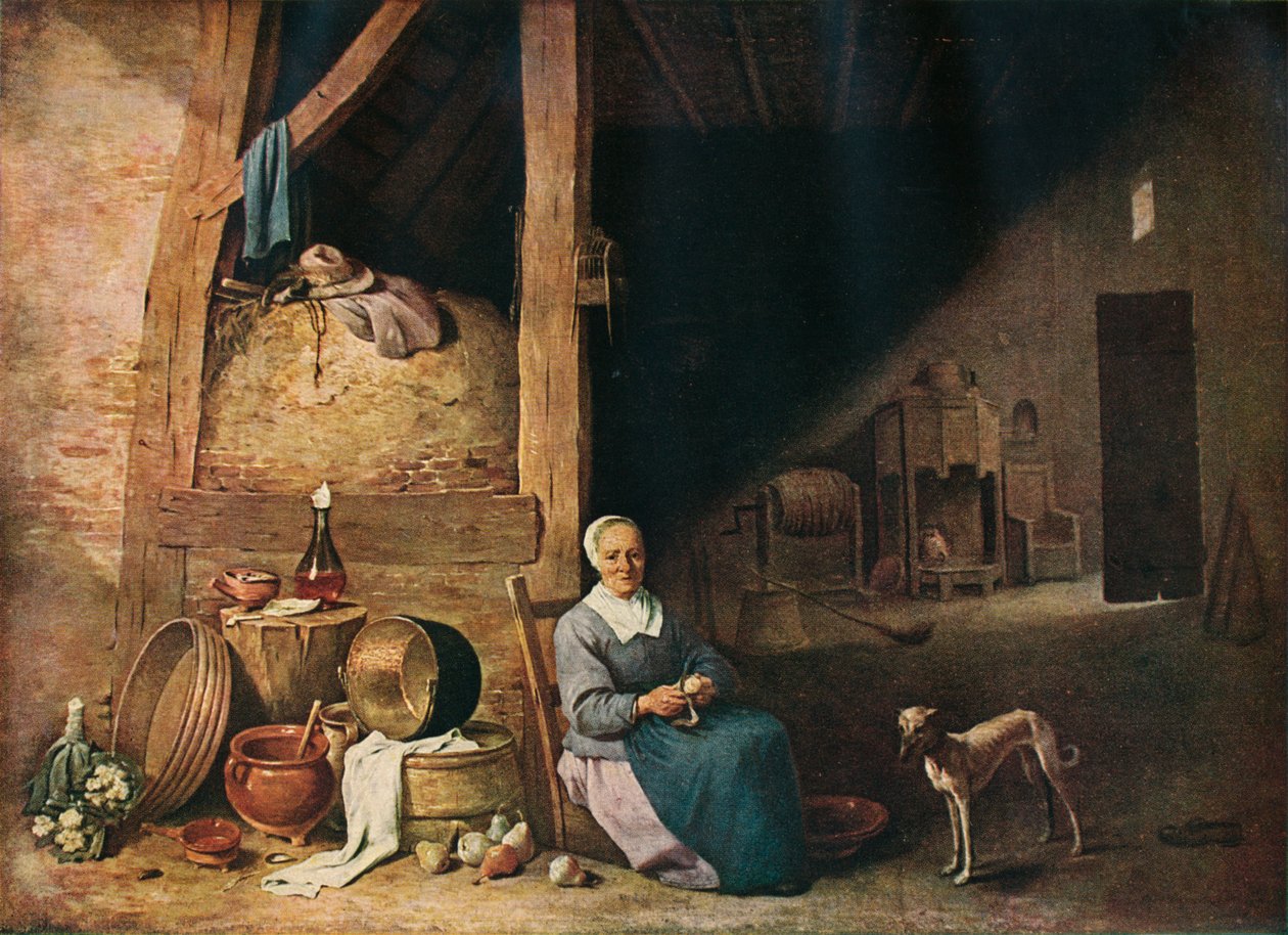 En gammel kvinde skræller pærer, c1640 af Unbekannt