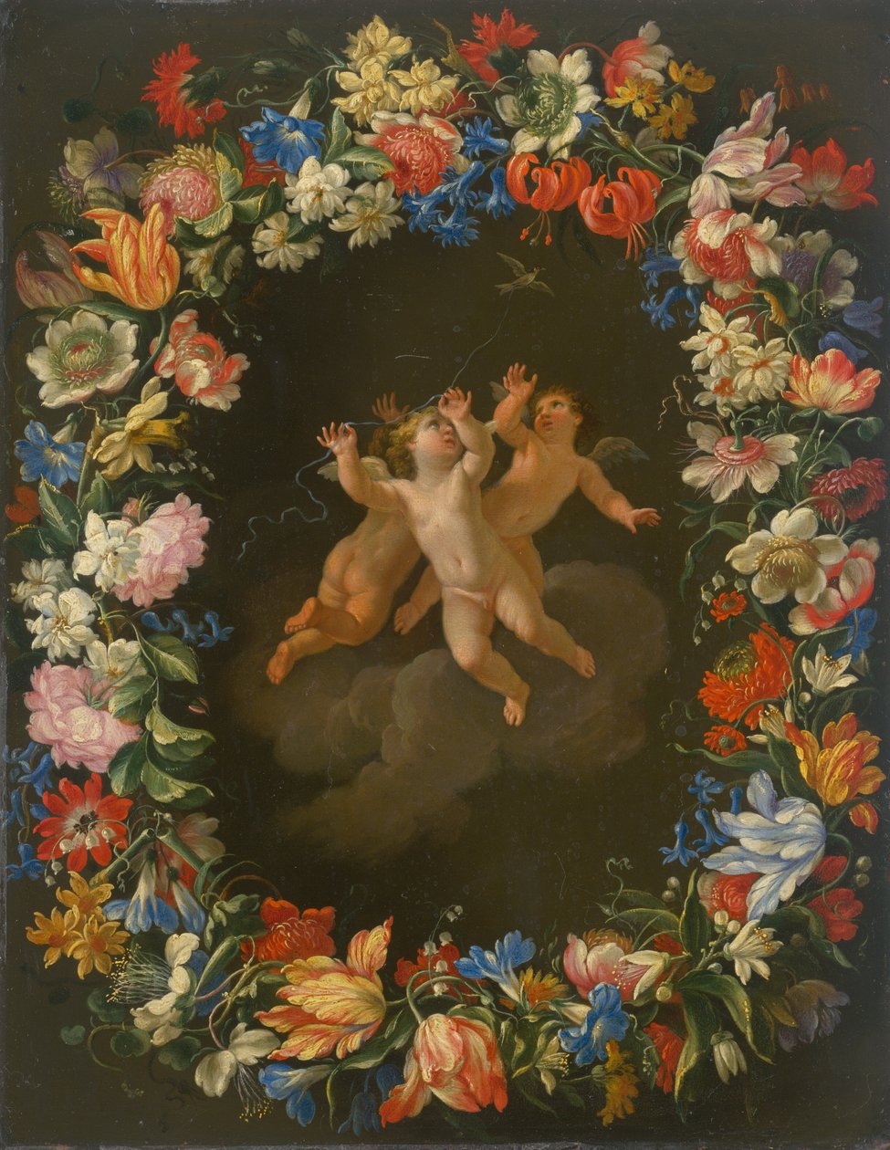 Engle i en blomsterkrans II. af Unbekannt