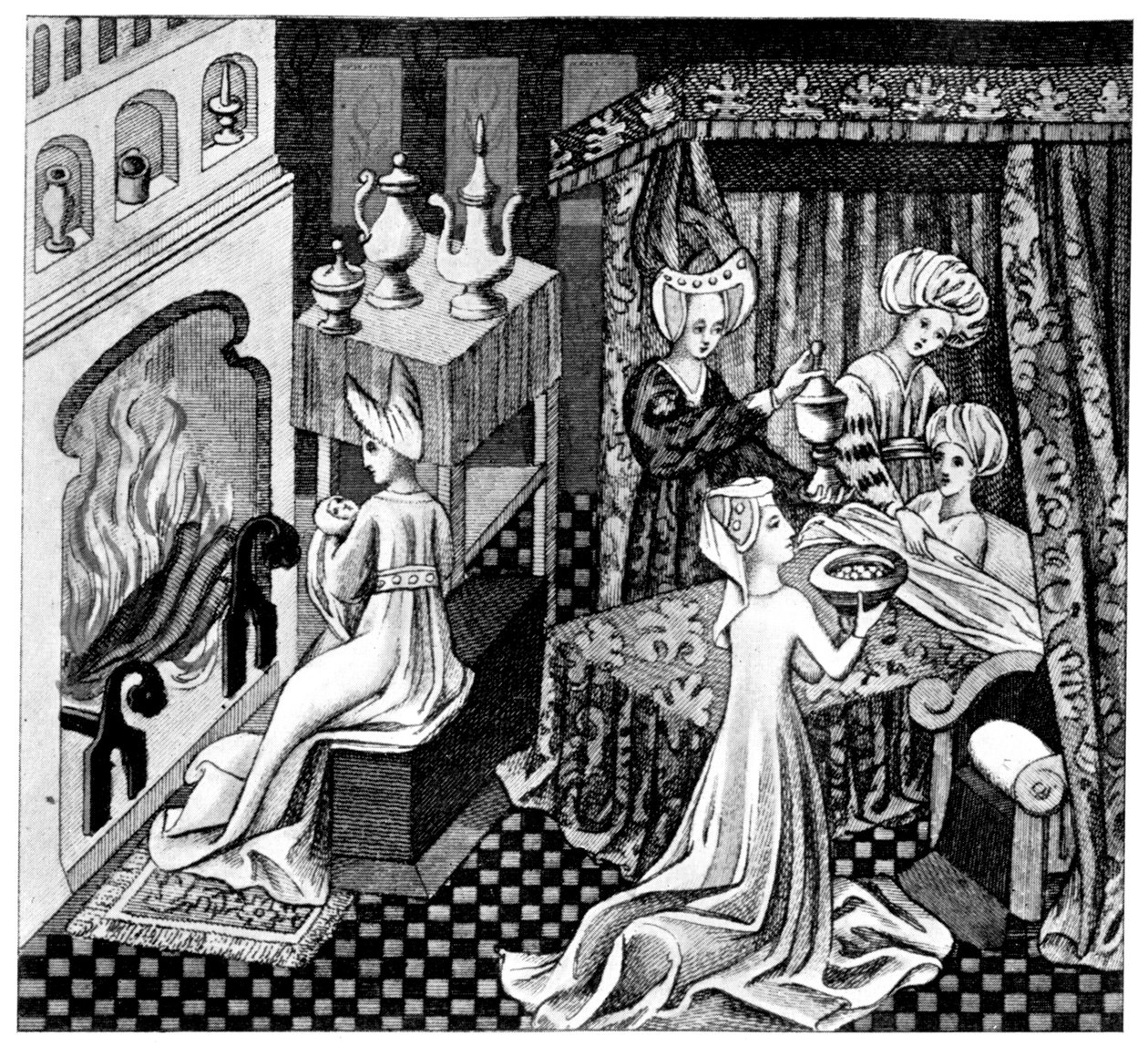 Soveværelsesscene, 1400-tallet, 1910 af Unbekannt