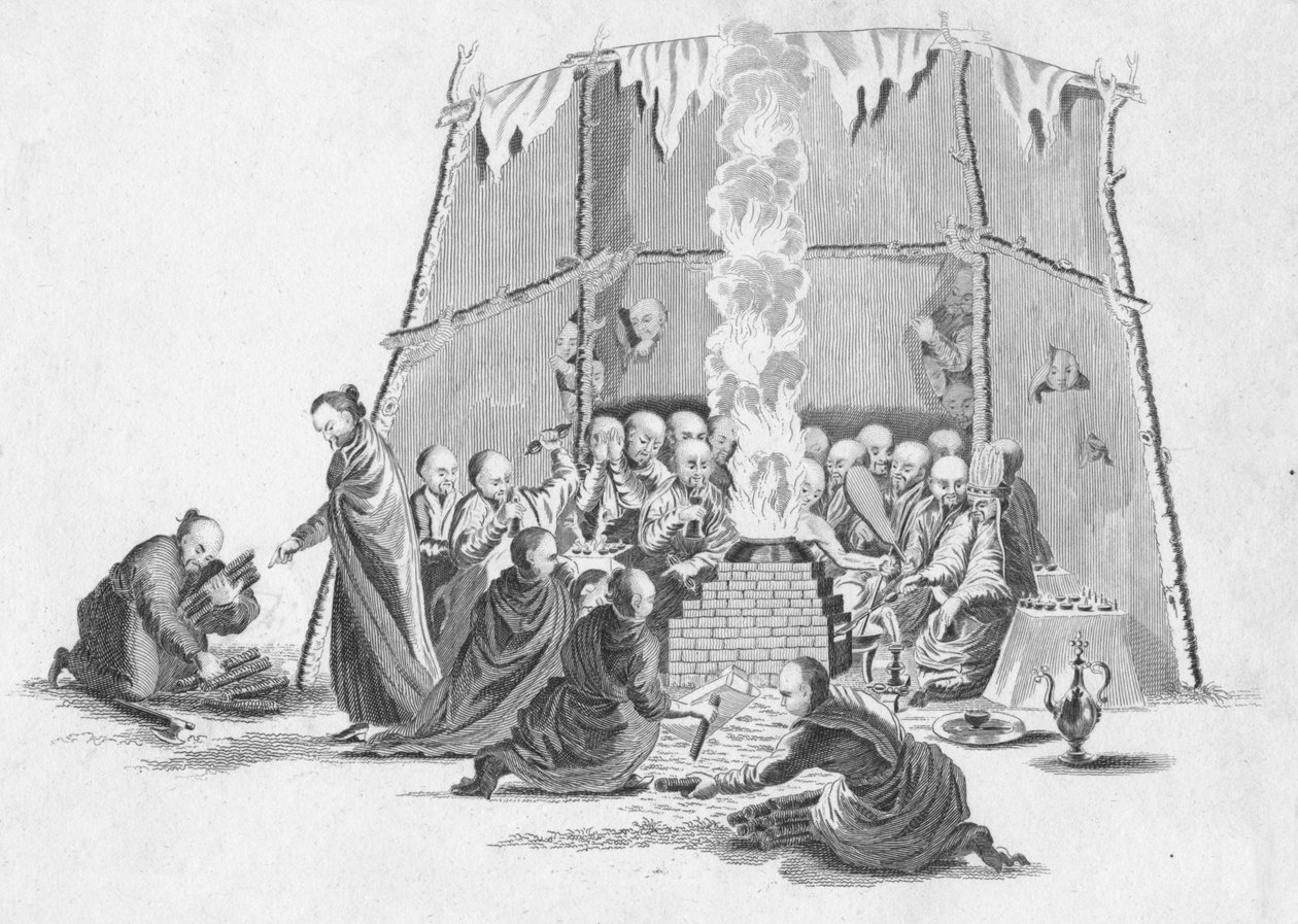 Brænding af en Lamas døde krop, c1802. af Unbekannt
