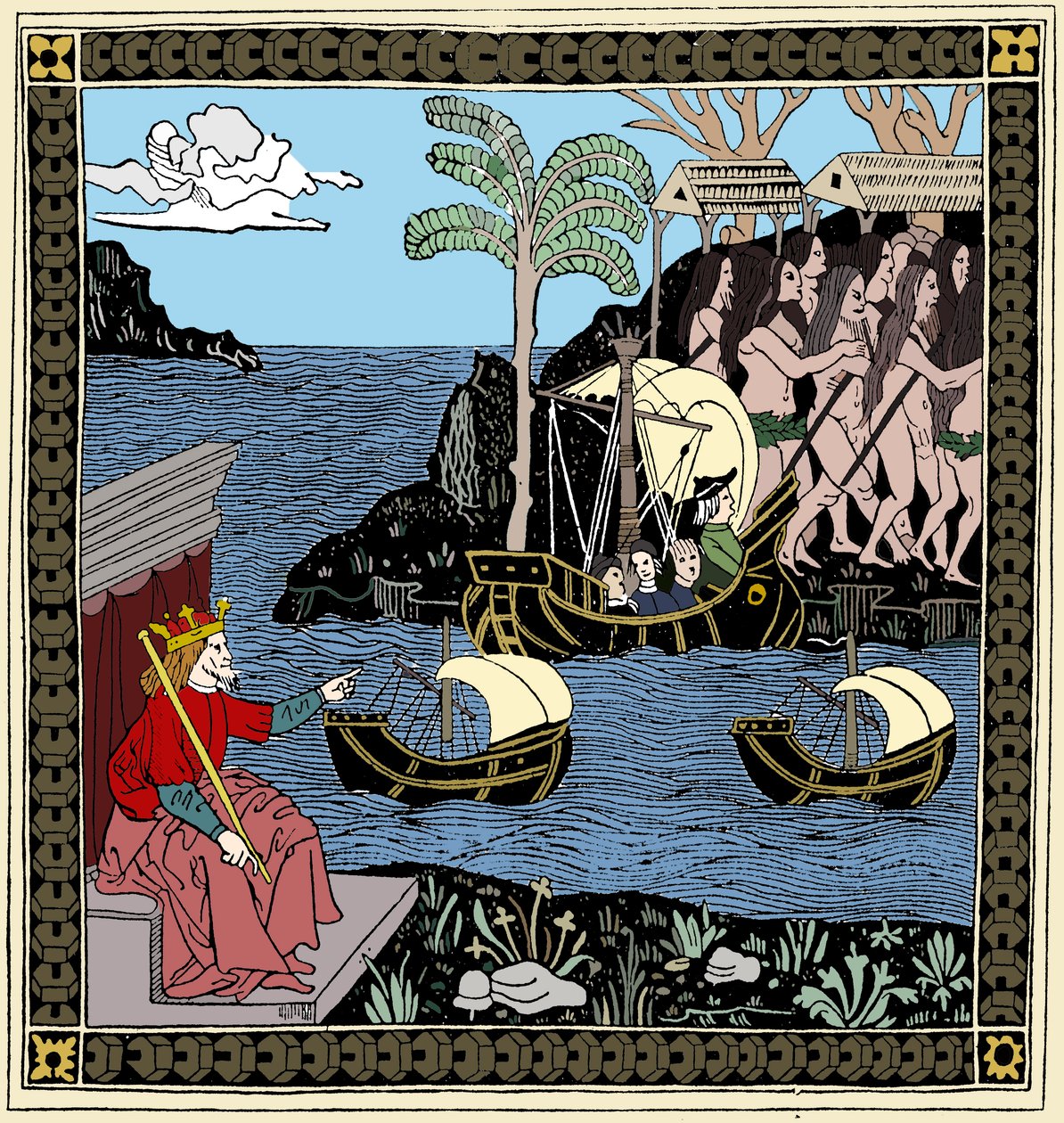 Christopher Columbus Discovering America, træsnit, 1493 af Unbekannt