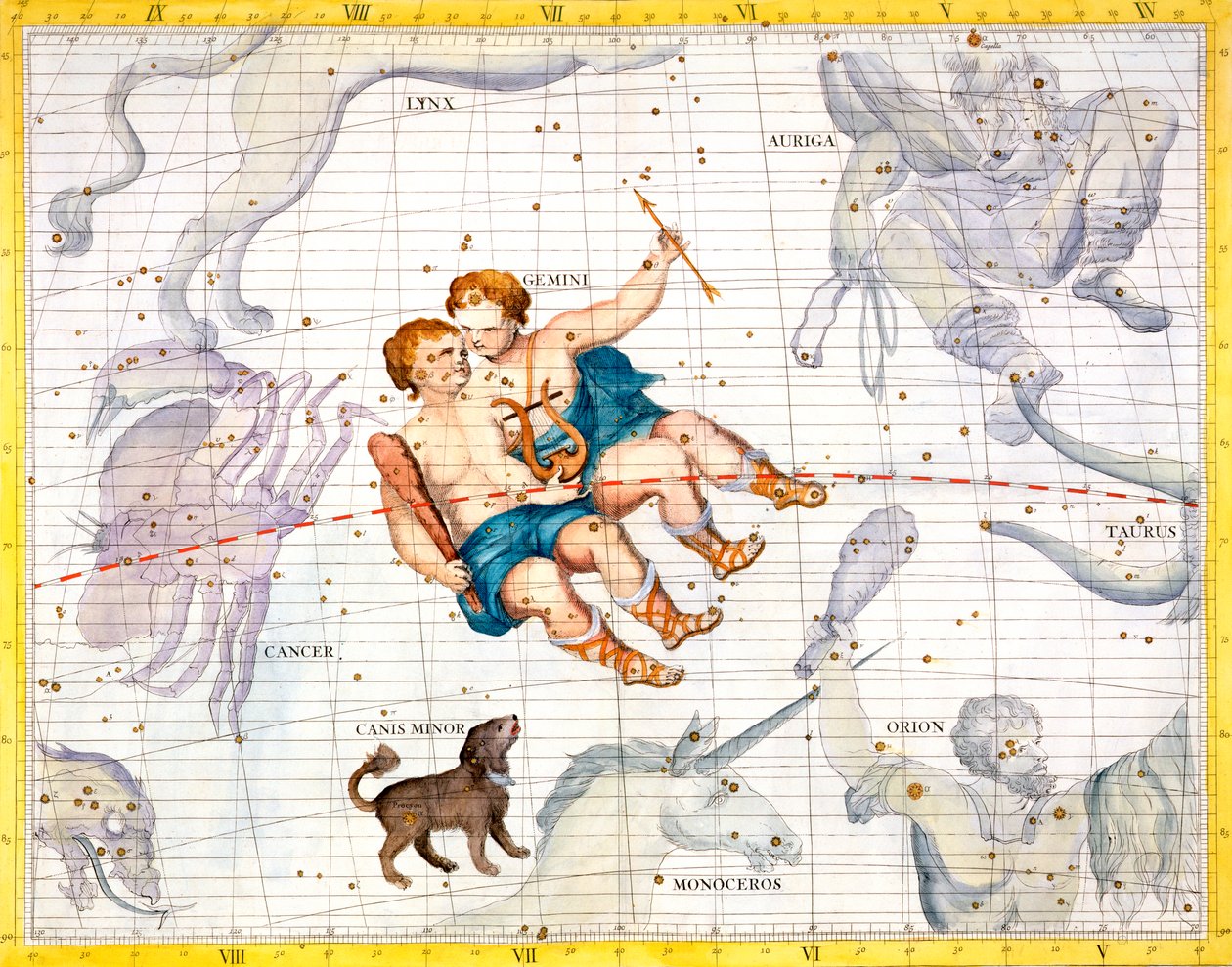 Stjernebilleder af Gemini og Canis Minor, 1729 af Unbekannt