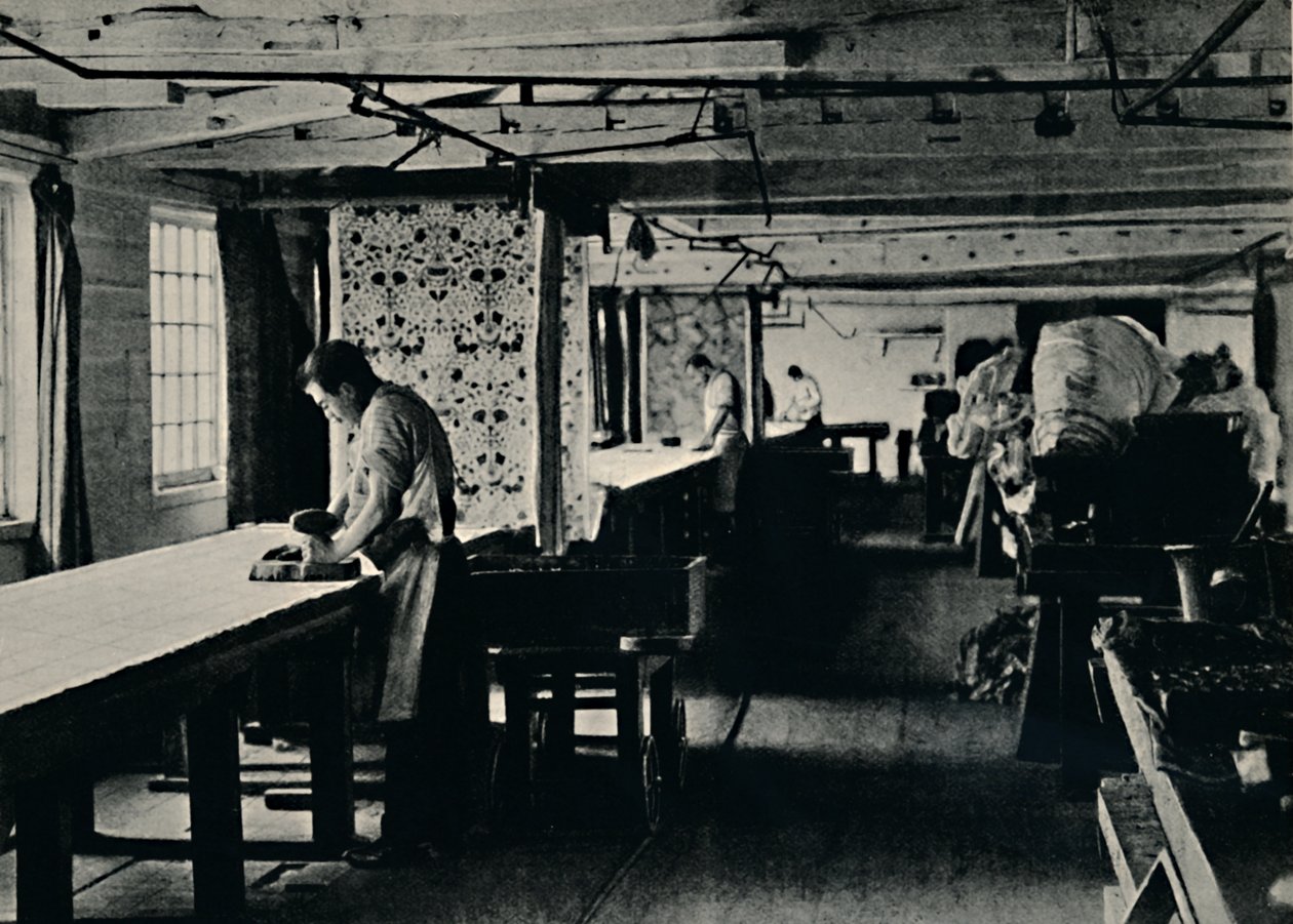 Bomuldstryk på Merton Abbey Works, c1884. af Unbekannt