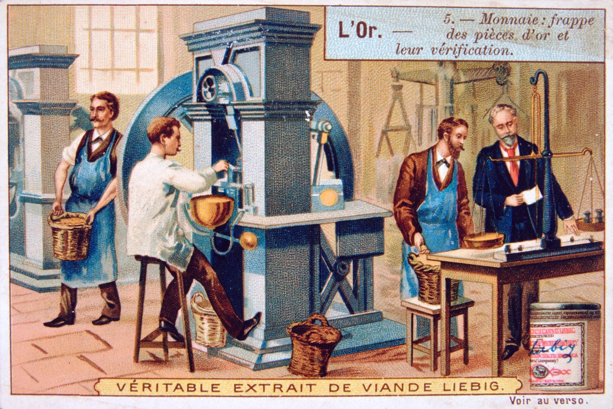 Valuta, prægning og kontrol af guldmønterne, c1900 af Unbekannt