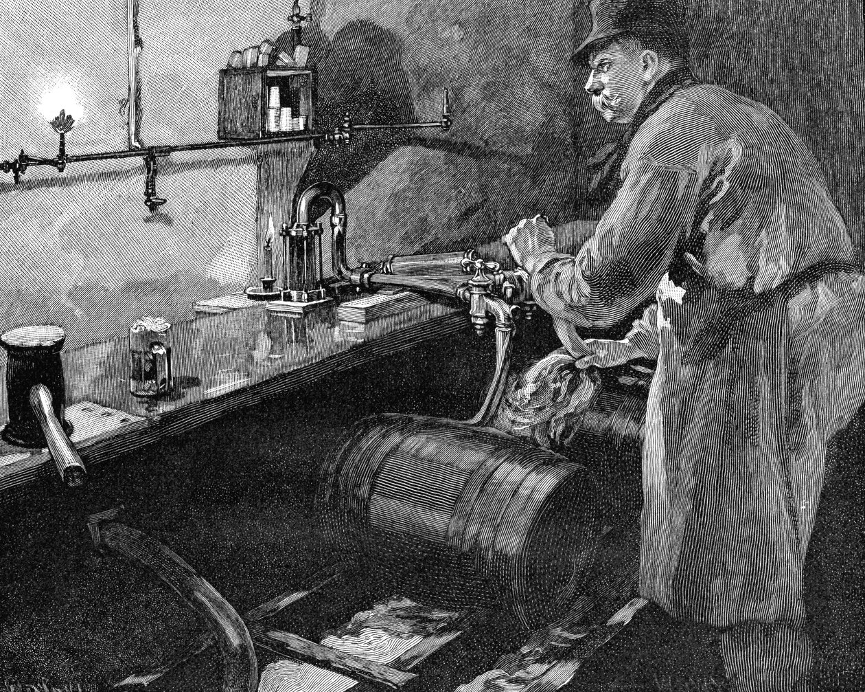 Påfyldning af øltønder i et amerikansk bryggeri, 1885 af Unbekannt