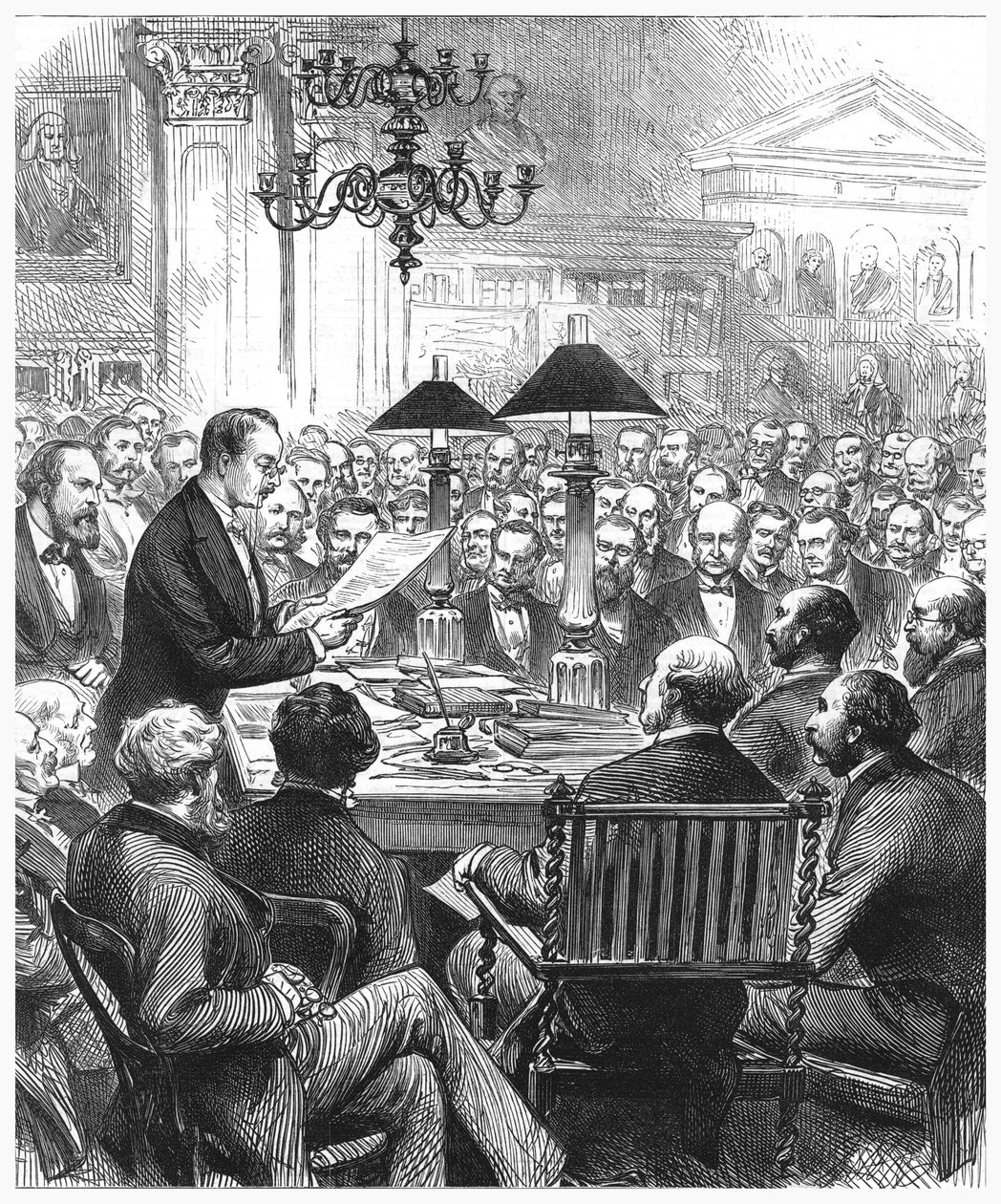 Heinrich Schliemann forelæser i London, 1877 af Unbekannt