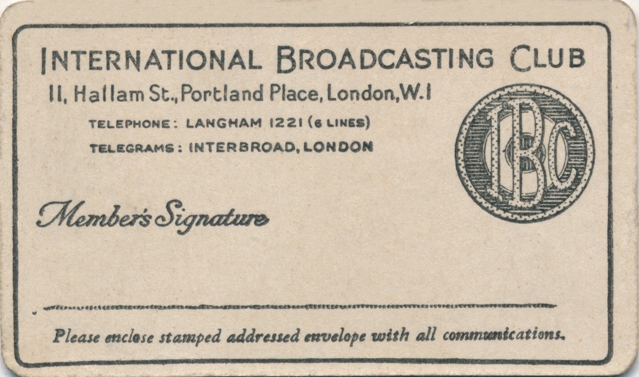 International Broadcasting Club: Medlemskort, c1930