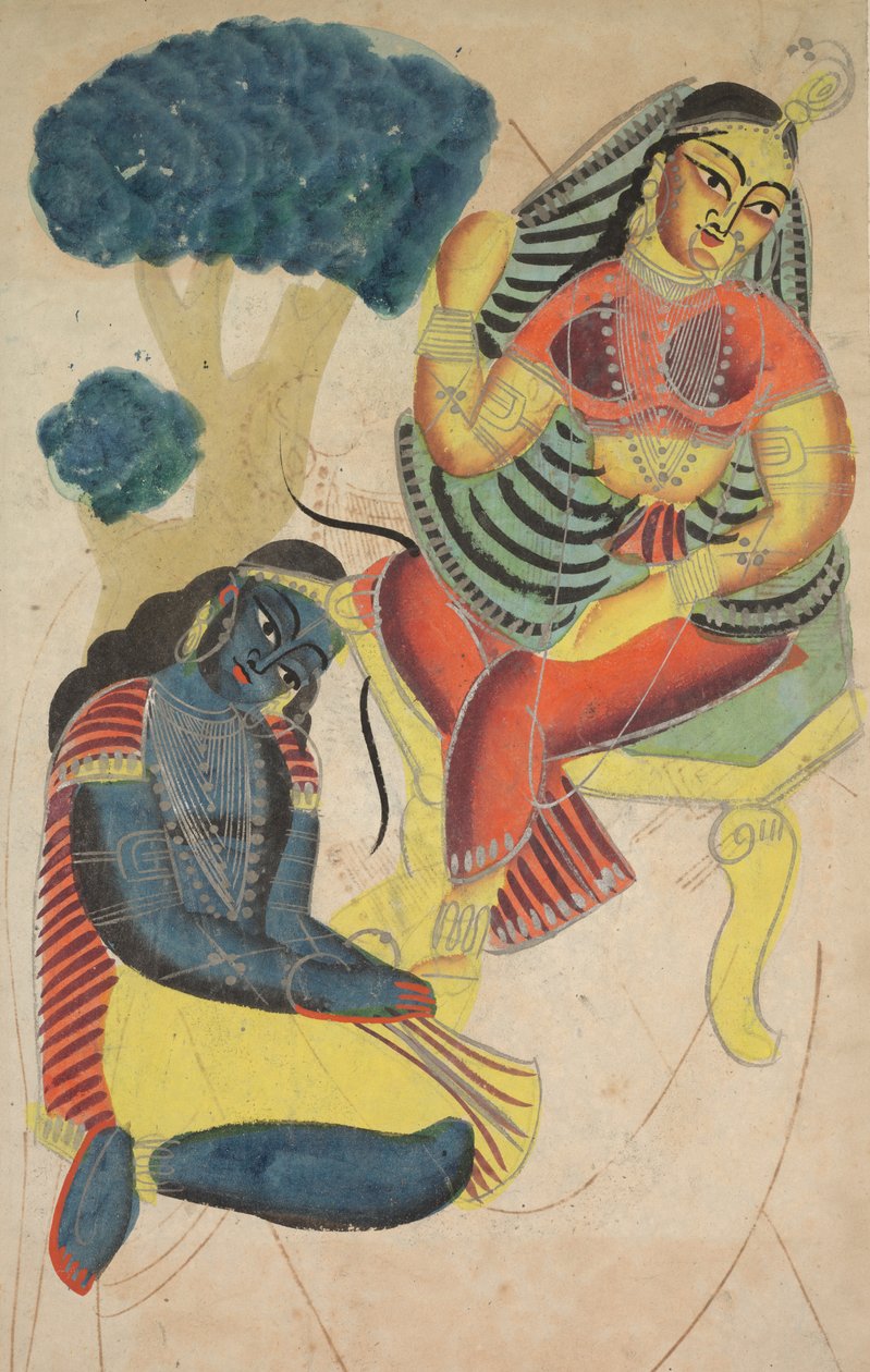 Krishna stryger Radhas-fødder, 1800-tallet. af Unbekannt