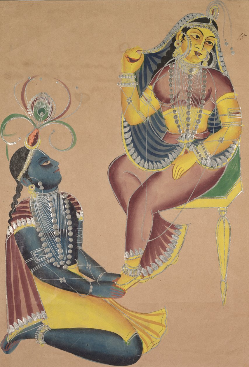 Krishna stryger Radhas-fødder, 1800-tallet. af Unbekannt