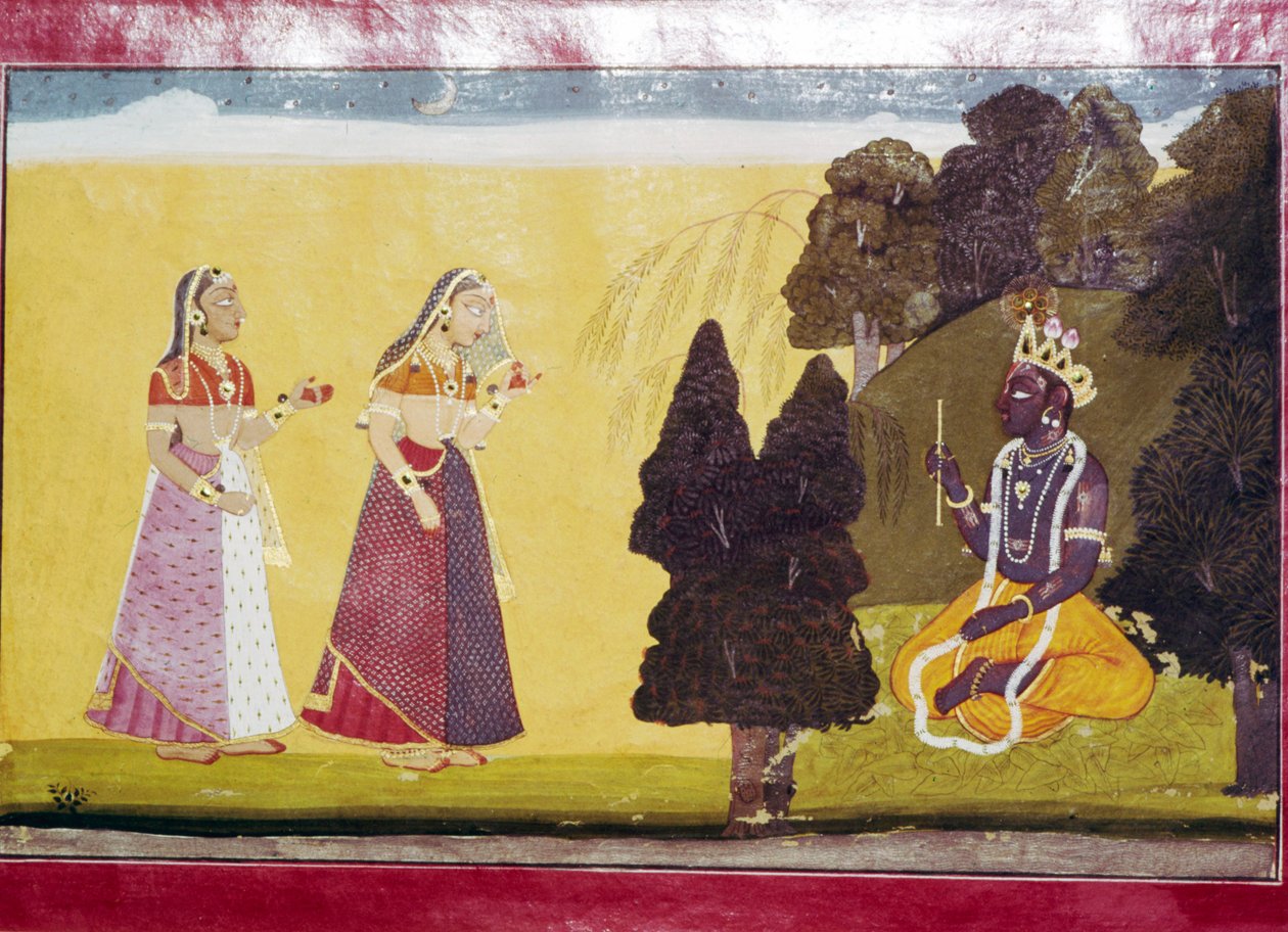 Krishna med fløjte, opsøgt af to damer af Unbekannt