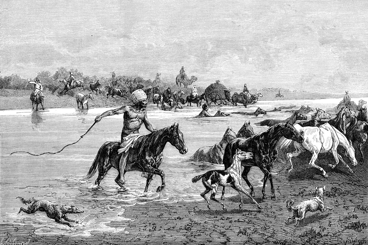 Kirgisere krydser en flod, Kirgisistan, 1895 af Unbekannt