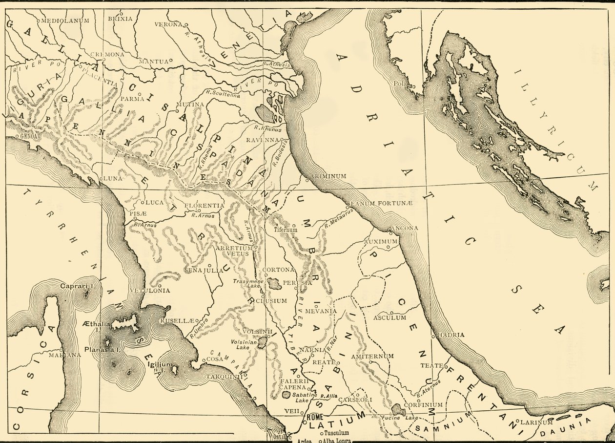 Kort over det nordlige og centrale Italien, 1890. af Unbekannt