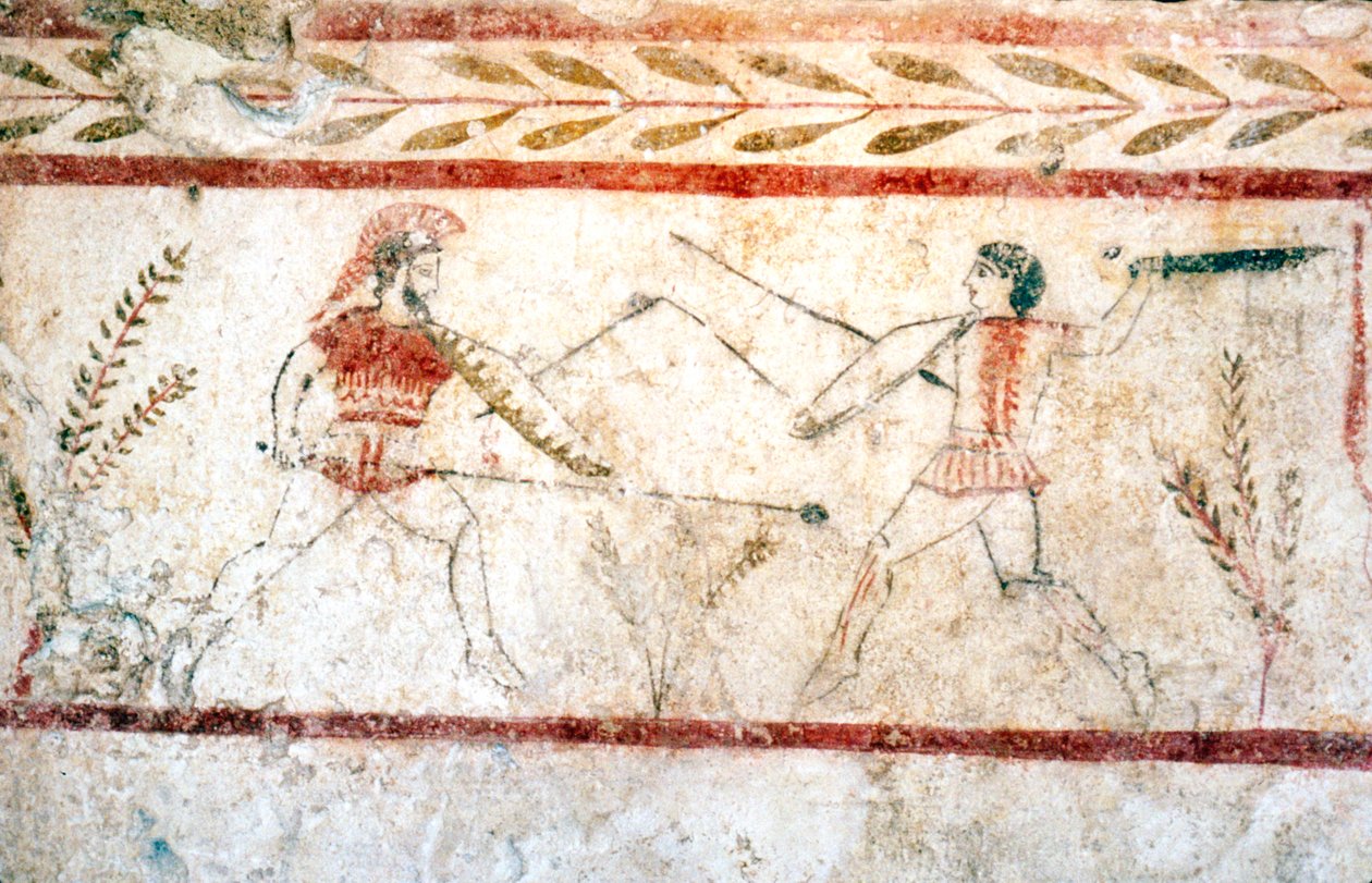 Mænd, der kæmper med spyd, Paestum, c4. århundrede f.Kr af Unbekannt