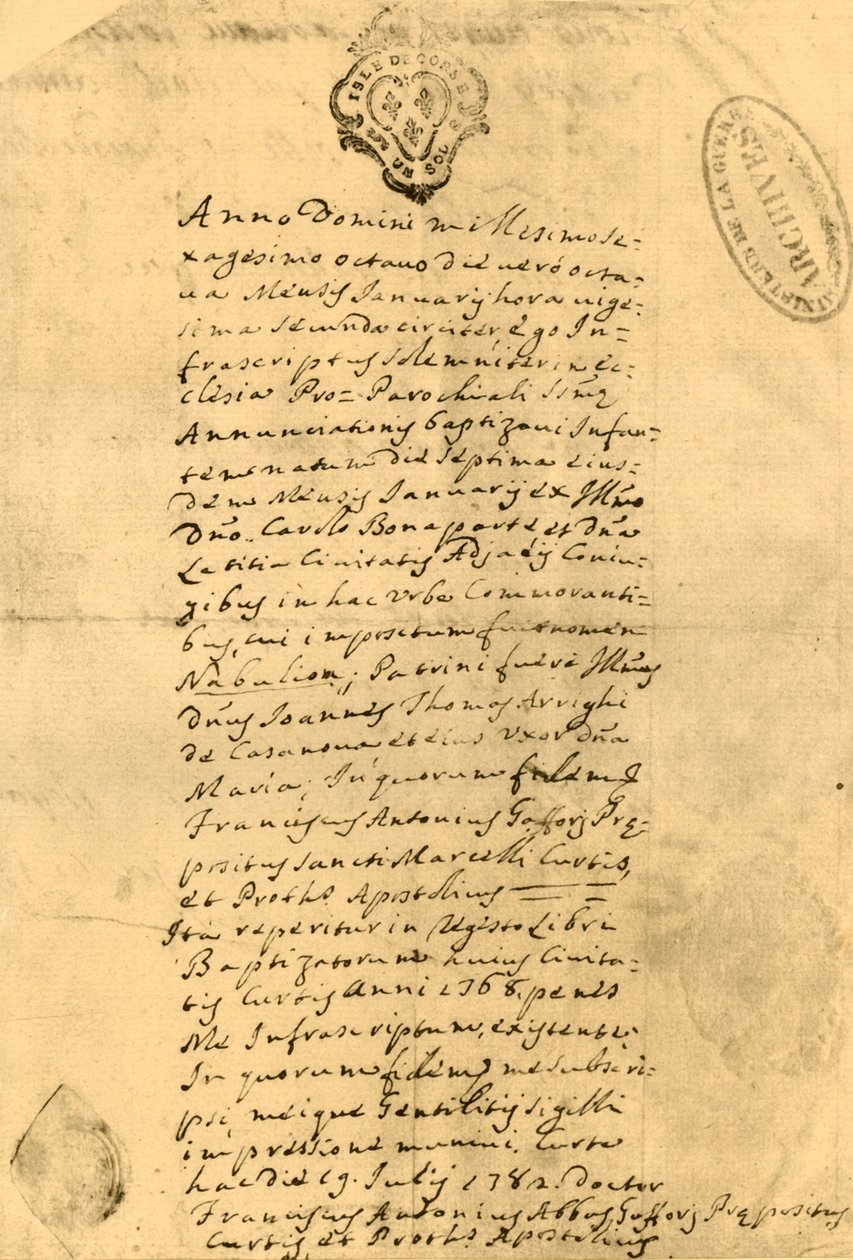 Napoleons fødselsattest, 21. juli 1771, 1921. af Unbekannt