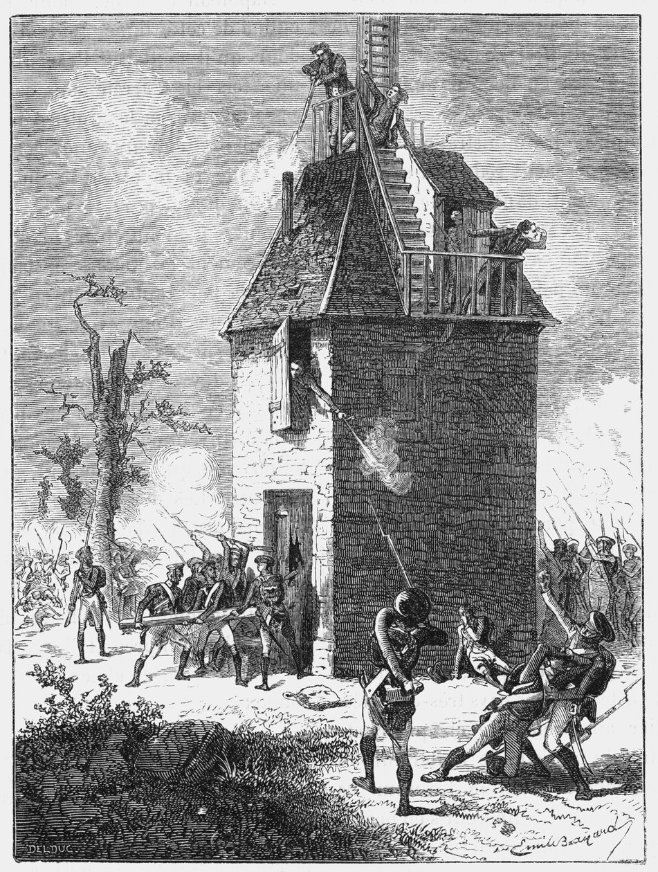 Napoleons tropper forsvarer et telegraftårn, c1815, c1870 af Unbekannt