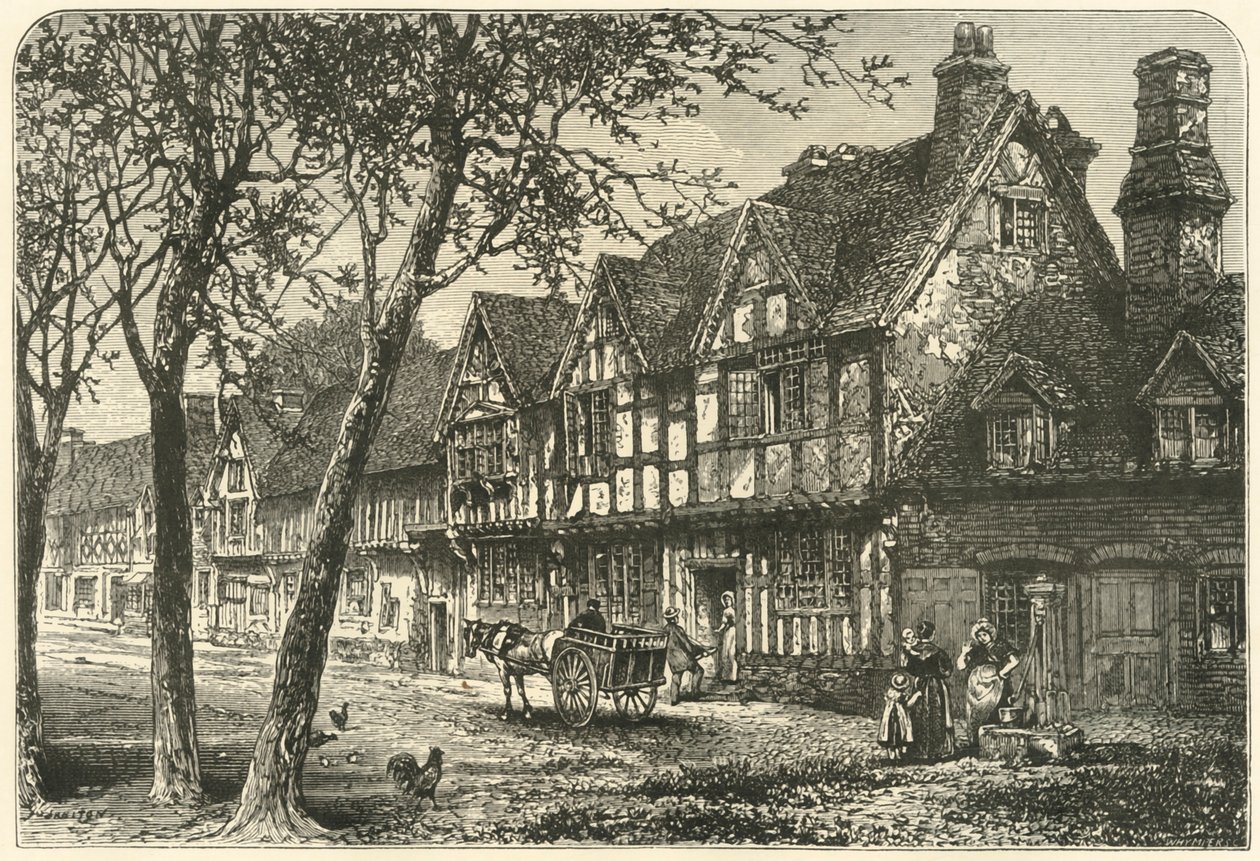 Gamle huse under Warwick Castle, 1898. af Unbekannt