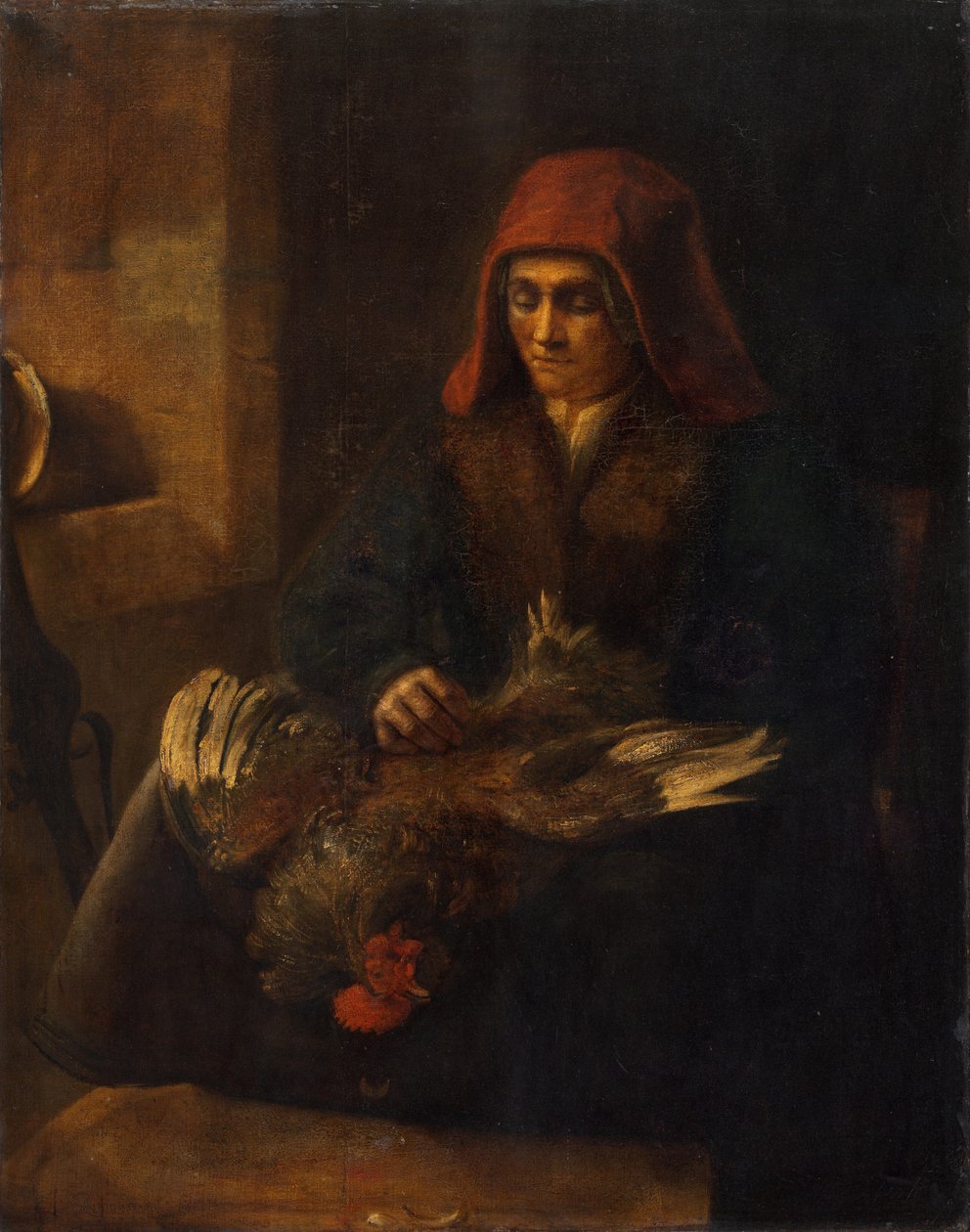 Gammel kvinde plukker en høns, 16501655. af Unbekannt