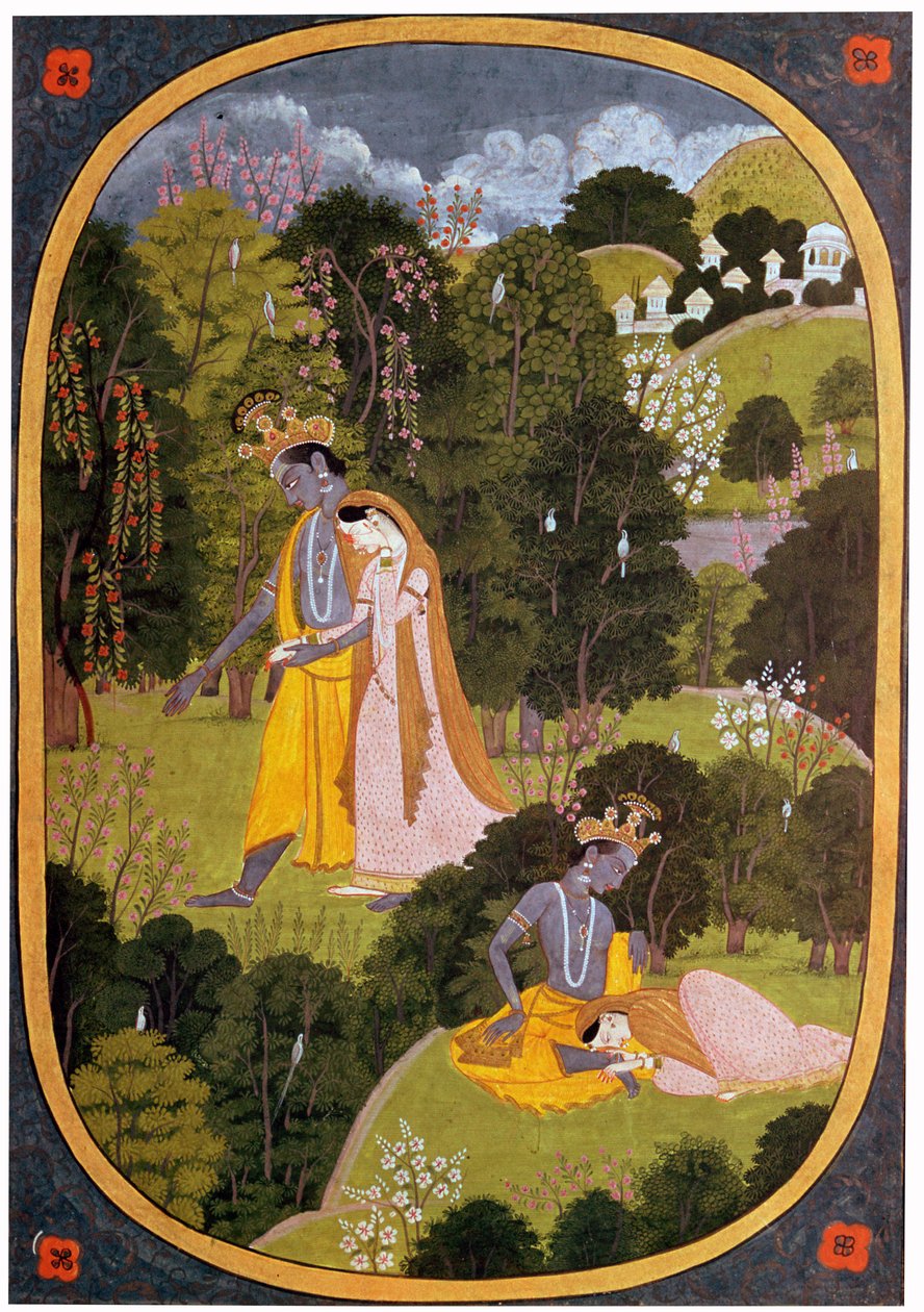 Maleri af Radha og Krishna i en lund af Unbekannt