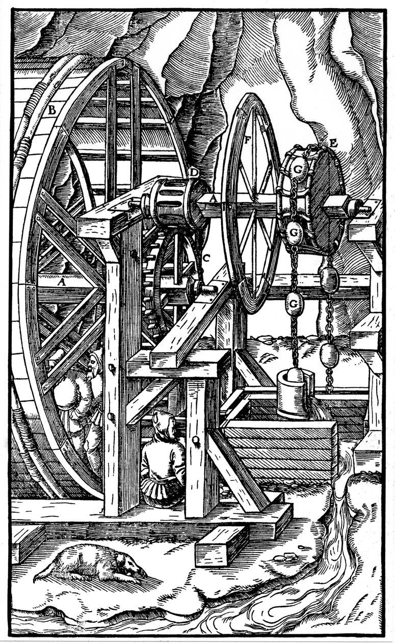 Pumpe drevet af mænd i et løbebånd, 1556 af Unbekannt