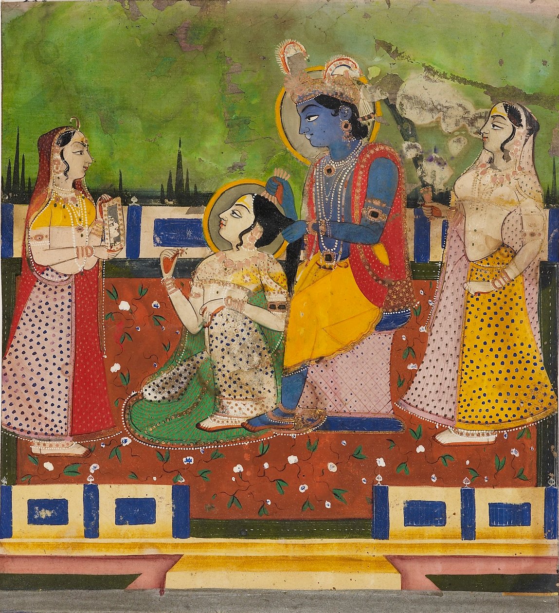 Radha og Krishna på en terrasse, 1800-tallet af Unbekannt