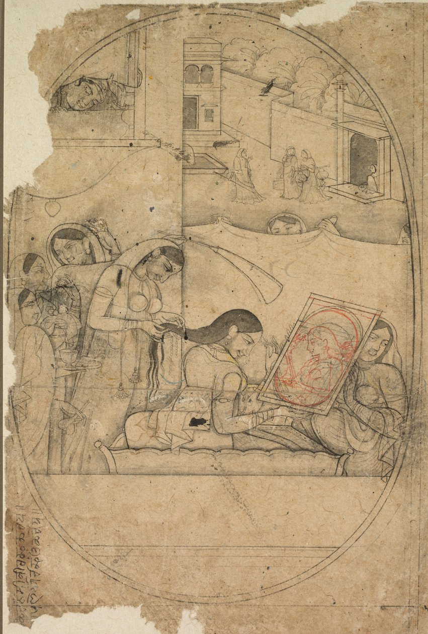 Radhas hår bliver klædt på, ca. 1790-1800. af Unbekannt
