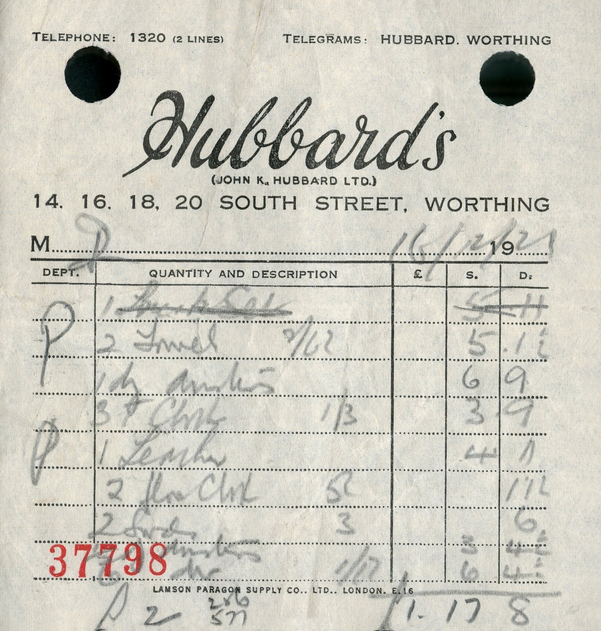 Kvittering fra Hubbards stormagasin, 1921. af Unbekannt
