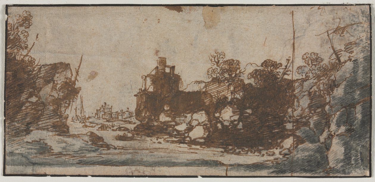 Rocky Inlet med både og bygninger recto, 1600-tallet. af Unbekannt