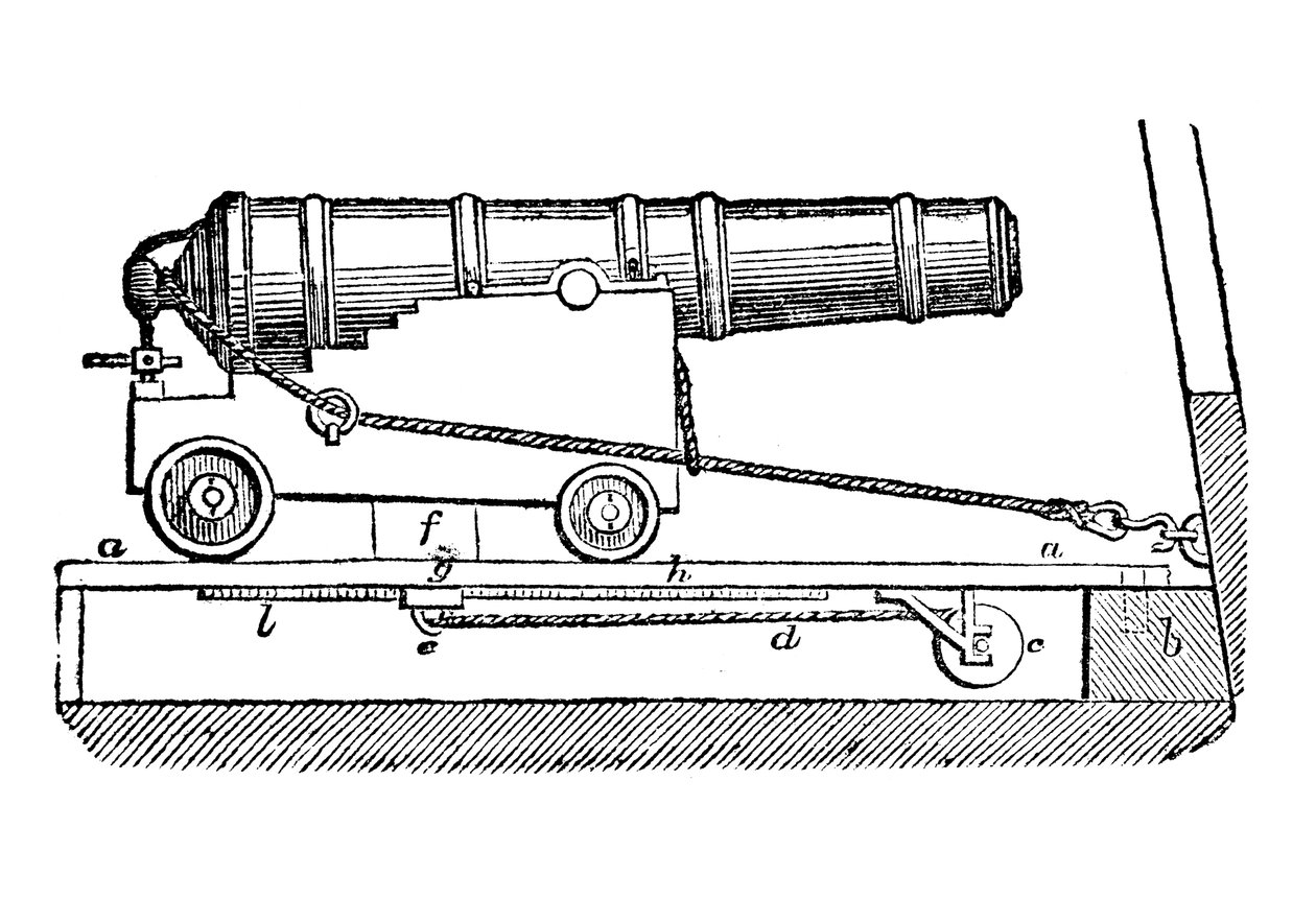 Skibskanon på pistolvogn. Træsnit, 1835 af Unbekannt