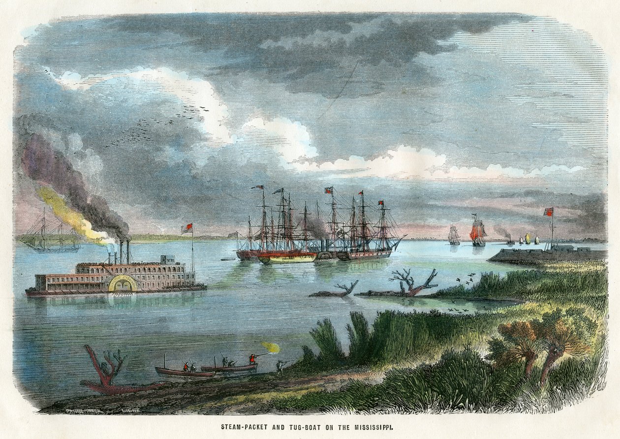 Damp-pakke og slæbebåd på Mississippi, USA, c1875 af Unbekannt