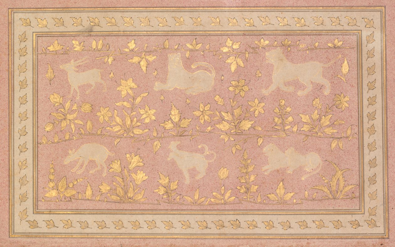 Stencilerede scener af løve og gazelle, ca. 1710. af Unbekannt