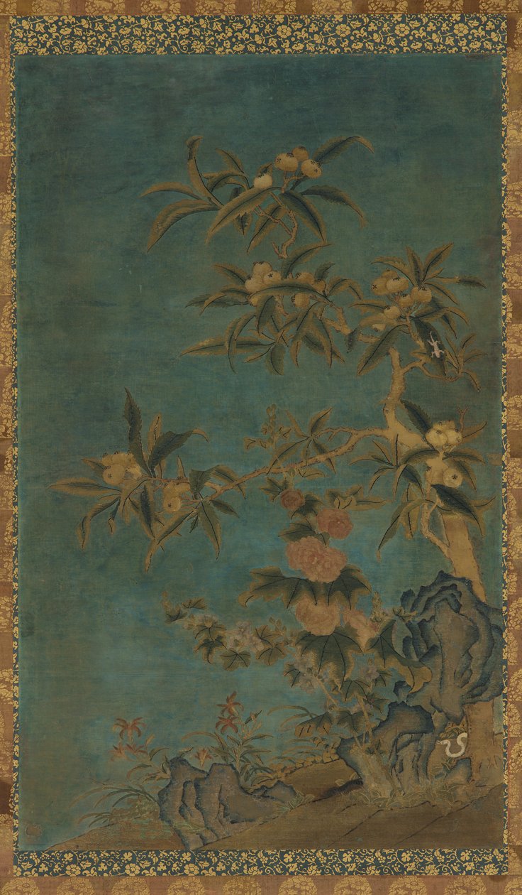 Tapet: frugttræer og stokroser, Ming-dynastiet, 1368-1644. af Unbekannt