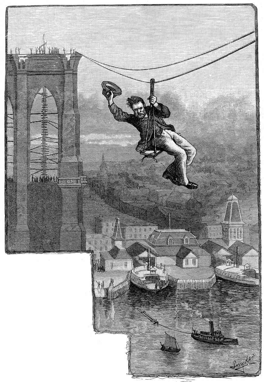 Test af kablerne på Brooklyn Bridge, c1900 af Unbekannt