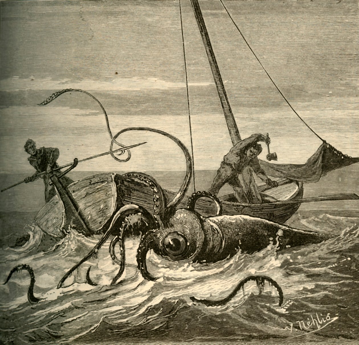Fiskernes kamp med kæmpeblæksprutten, 1881. af Unbekannt