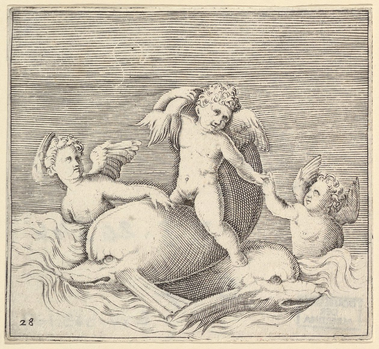 Tre amoriner og to delfiner, udgivet ca. 1599-1622. af Unbekannt