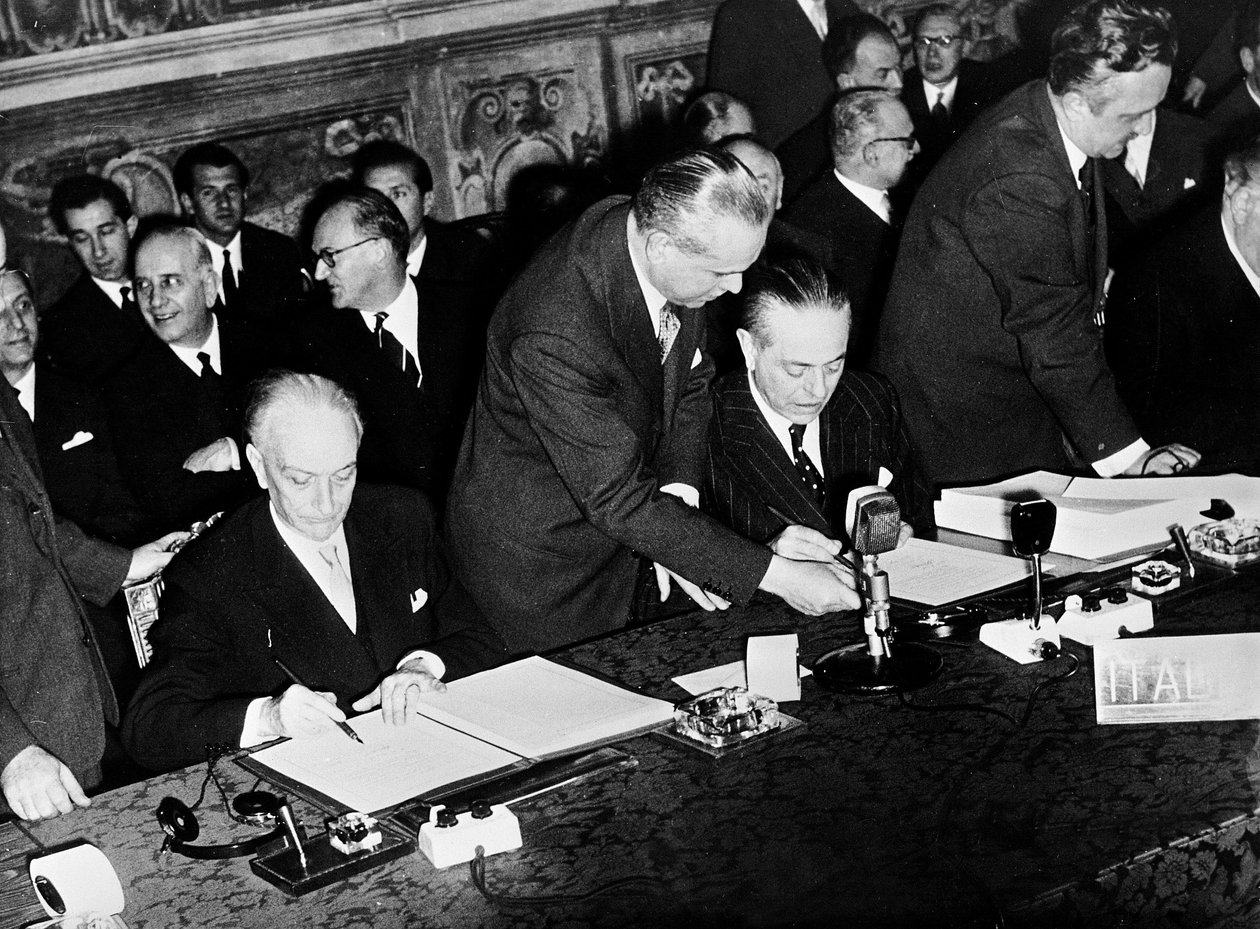 Antonio Segni og Gaetano Martino underskriver Rom-traktaterne og etablerer Det Europæiske Økonomiske Råd af Unbekannt Unbekannt
