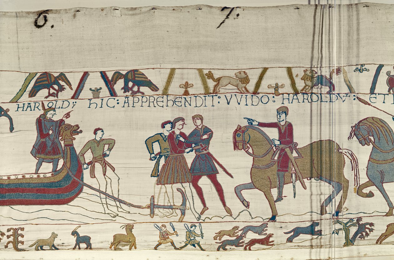 Grev Guy af Ponthieu griber Harold, da han lander i Normandiet, Bayeux Tapestry af Unbekannt Unbekannt