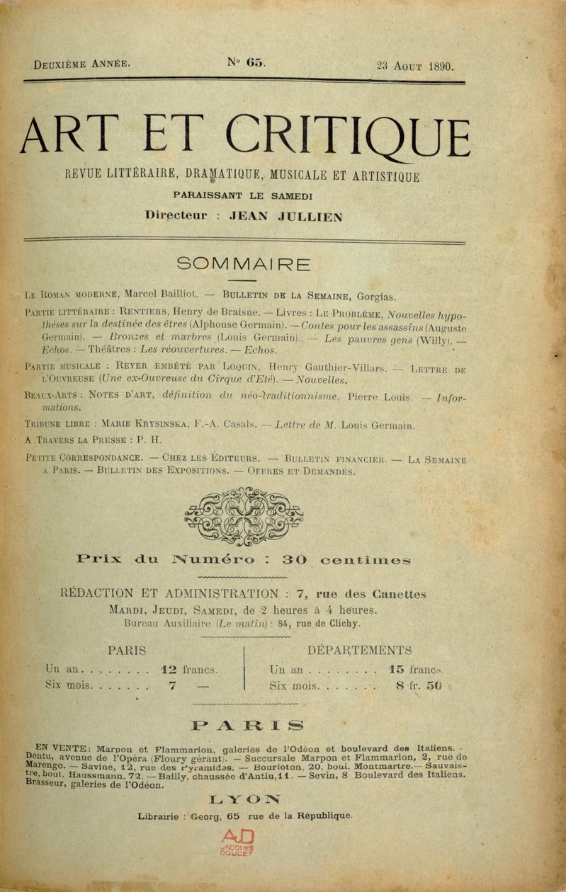 Frontispice af magasinet "Art et Critique", 23. august 1890 af Unbekannt Unbekannt