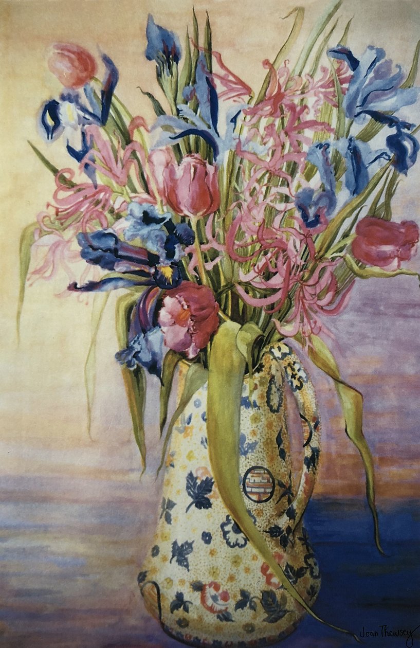 Iris, tulipaner og lyserøde edderkoppeliljer i en japansk kande, af Unbekannt Unbekannt