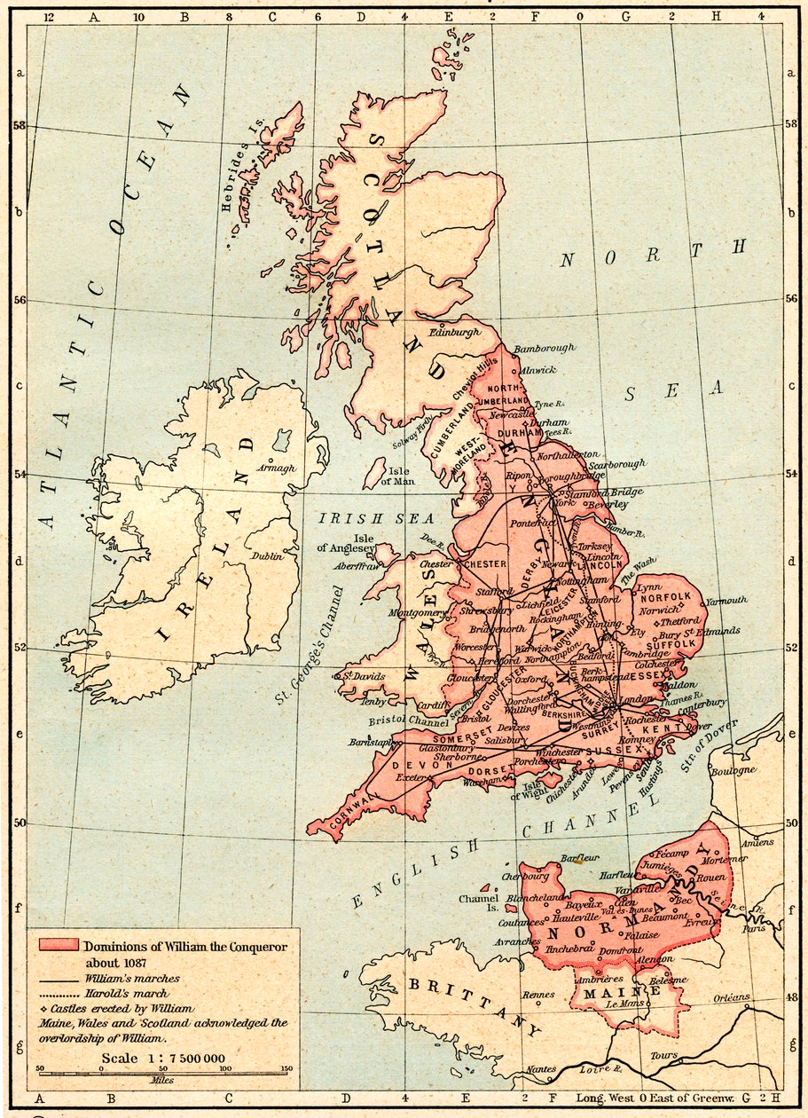 Kort over Storbritannien, der viser Vilhelm Erobrerens herredømme, ca. 1087, fra Historical Atlas, udgivet 1923 af Unbekannt Unbekannt