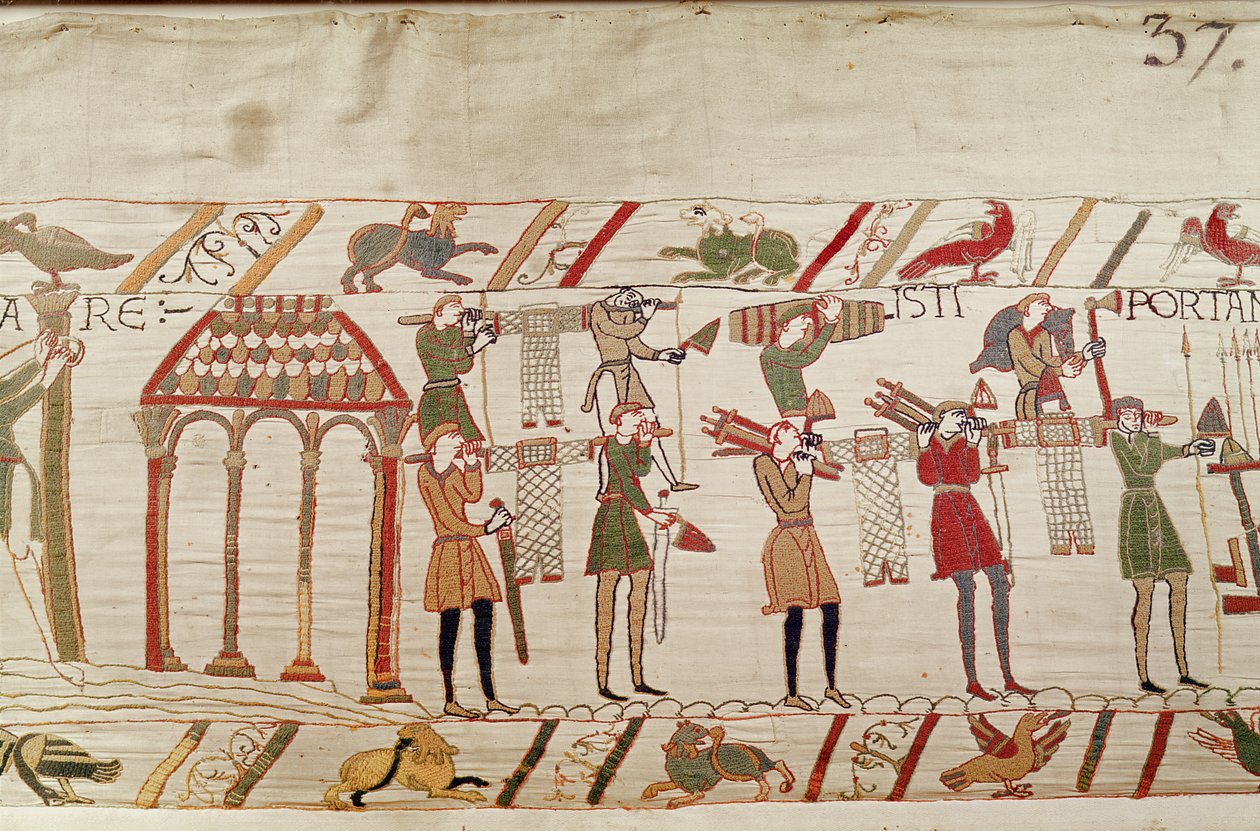 Normannerne bærer våben til skibene, Bayeux Tapestry af Unbekannt Unbekannt