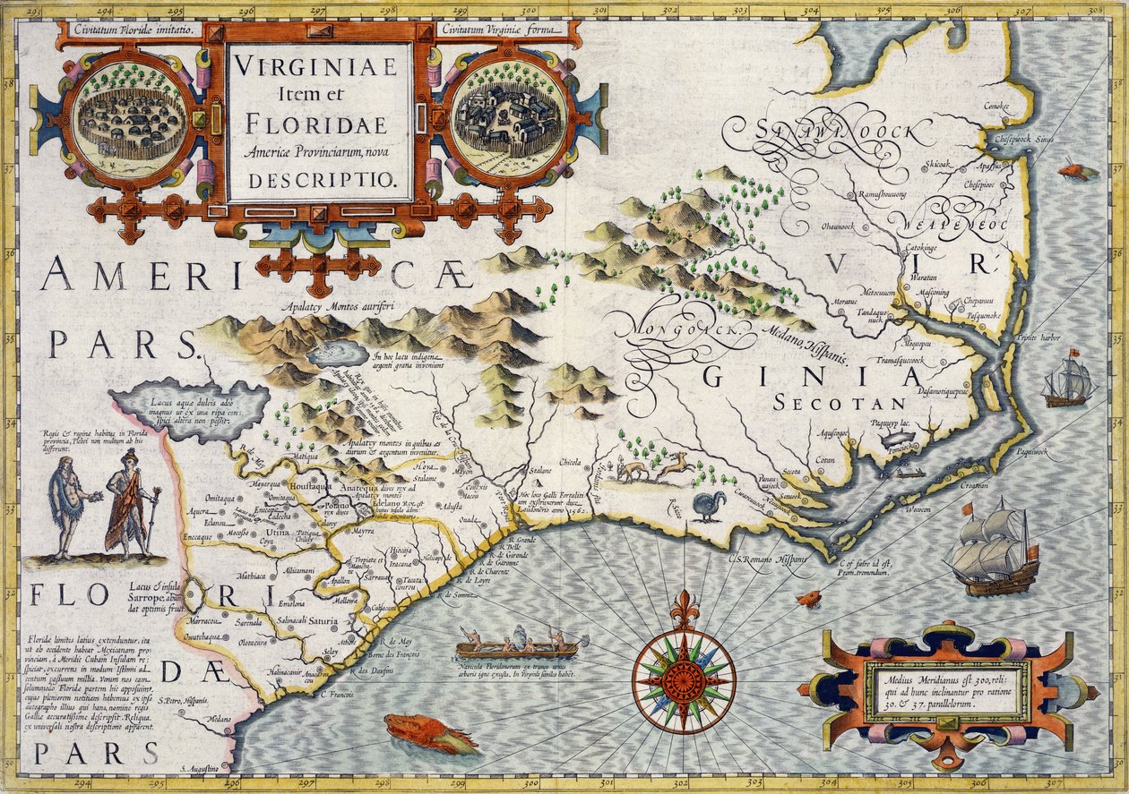 North Carolina, med titlen "Virginiae item et Floridae" fra Mercator "Atlas..." fra 1606, pub. af Jodocus Hondius, 1619 af Unbekannt Unbekannt