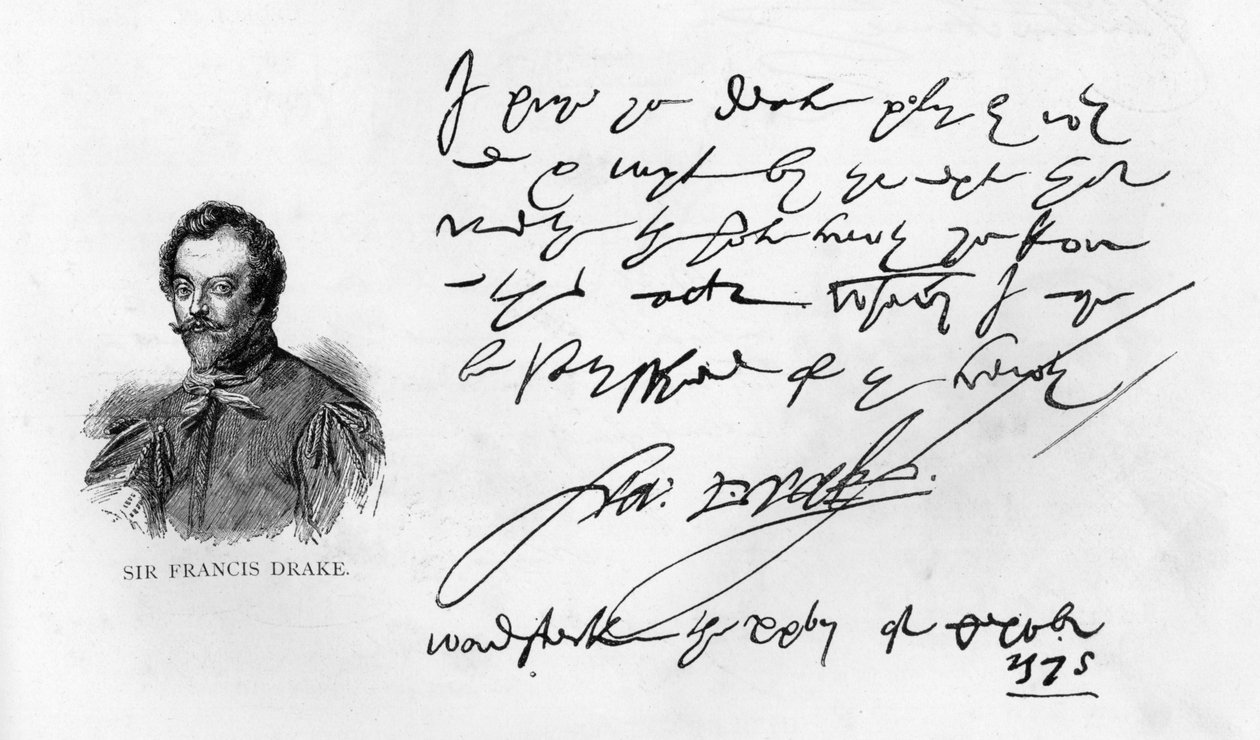 Håndskrift og signatur af Sir Francis Drake af Unbekannt