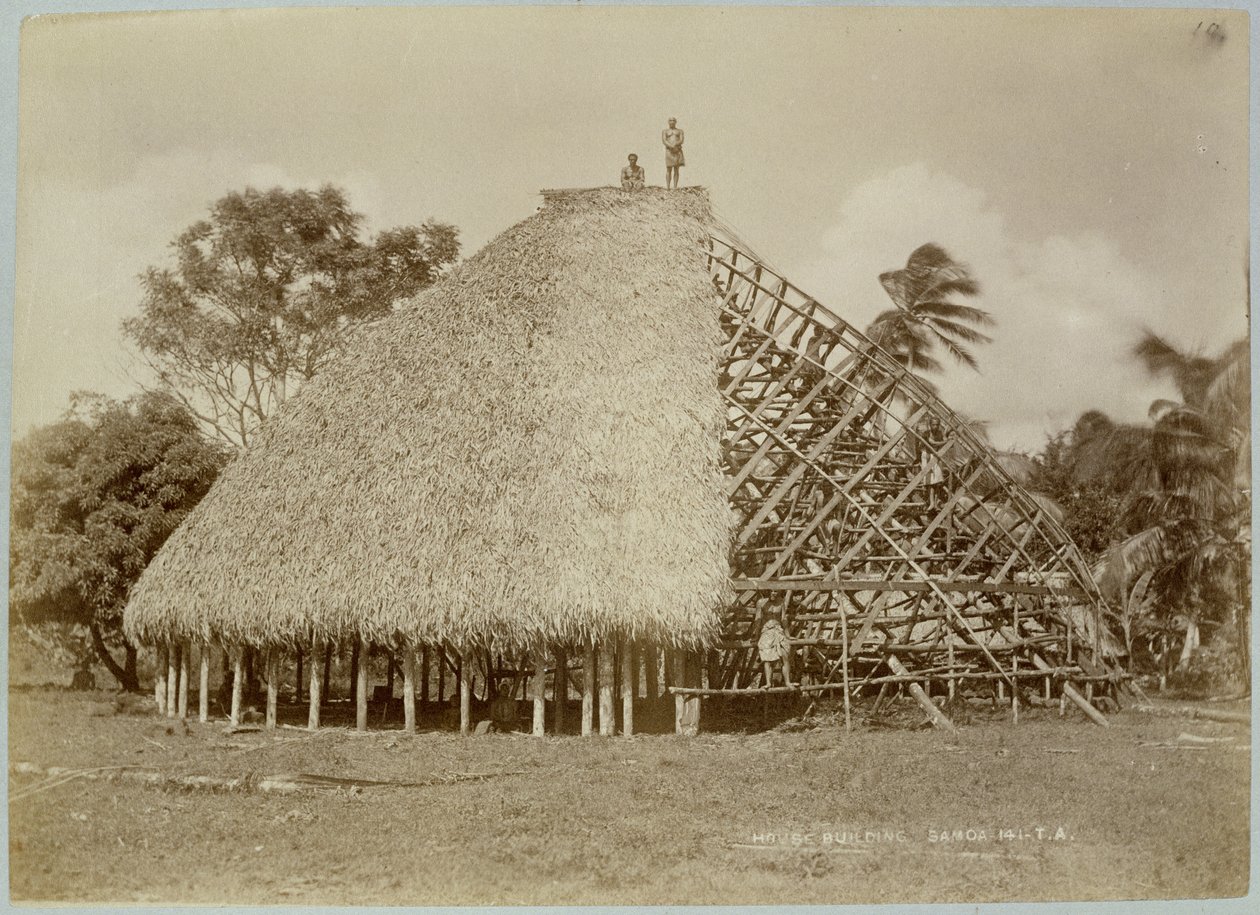 Husbygning i Samoa, ca. 1875 (sepiafoto) af Unbekannt