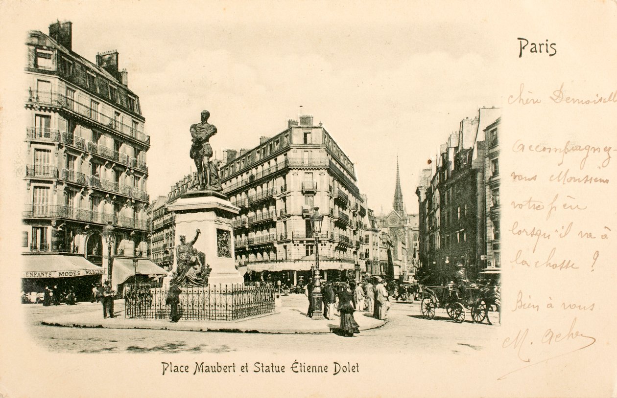 Postkort/Sted Maubert/Statue Etienne Dolet/Paris/Seine/Ile de France/Frankrig af William M. Timlin