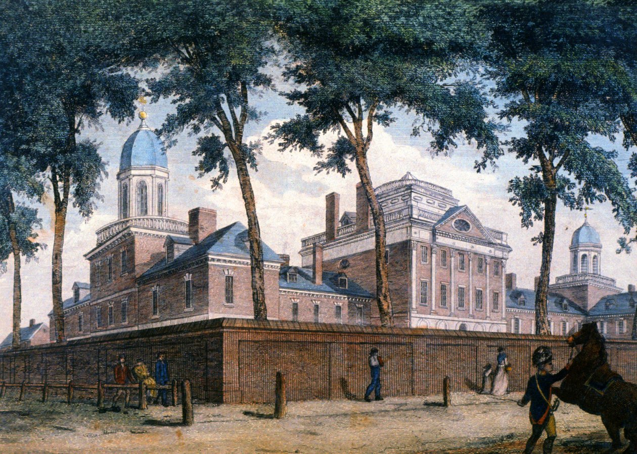Pennsylvania Hospital i Philadelphia, ca. 1800 (kobberstik) af Unbekannter Künstler