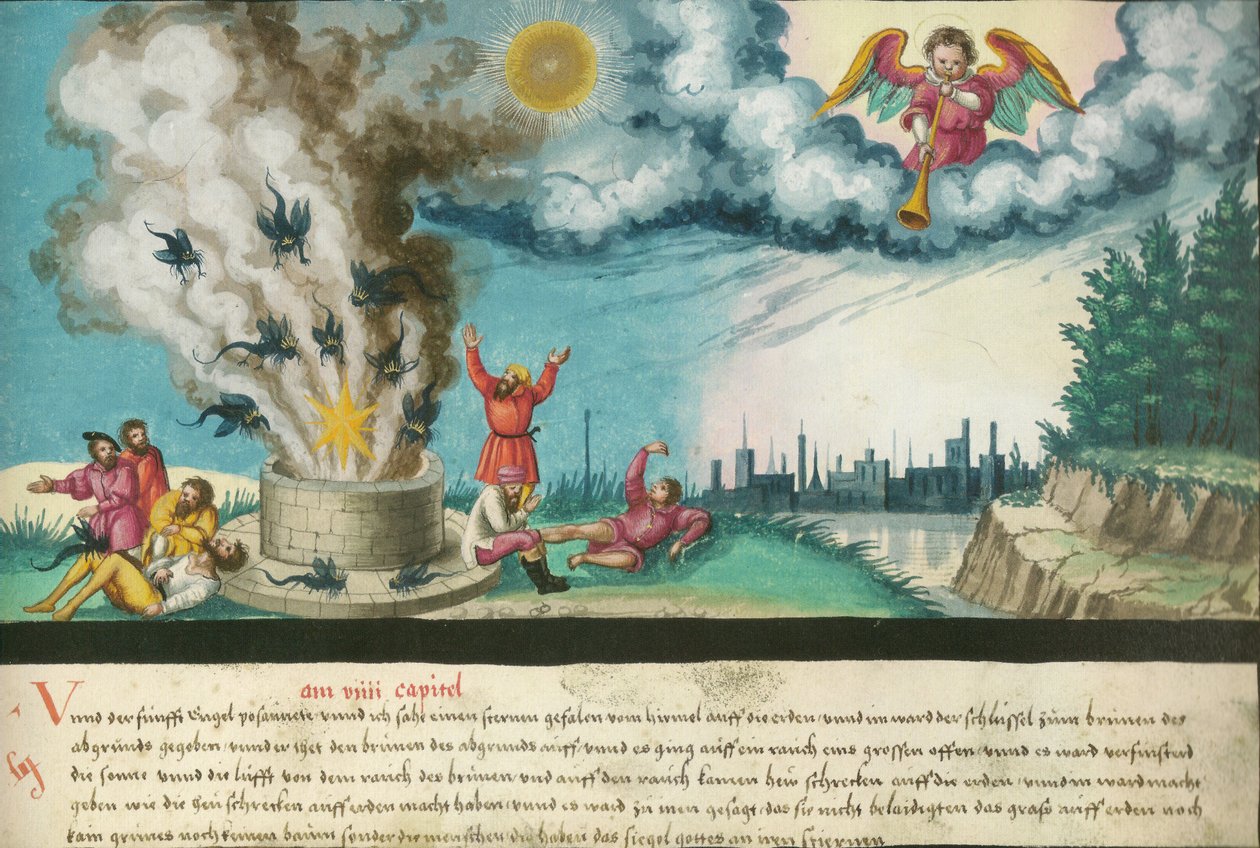 Den femte engel blæser i basunen (Det Nye Testamente, Åbenbaringen 9, 1-4) af Unknown